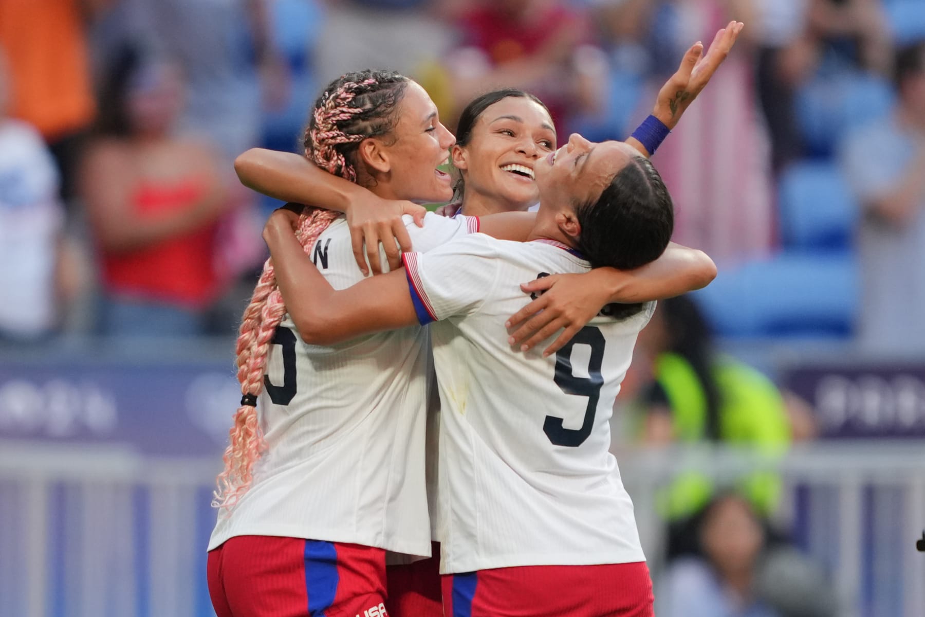 LYON, FRANCE - AUGUST 06: Sophia Smith #11 of the United States celebrates scoring with teammates during extra time against Germany during the Women's semifinal match during the Olympic Games Paris 2024 at Stade de Lyon on August 06, 2024 in Lyon, France. (Photo by John Todd/ISI/Getty Images)