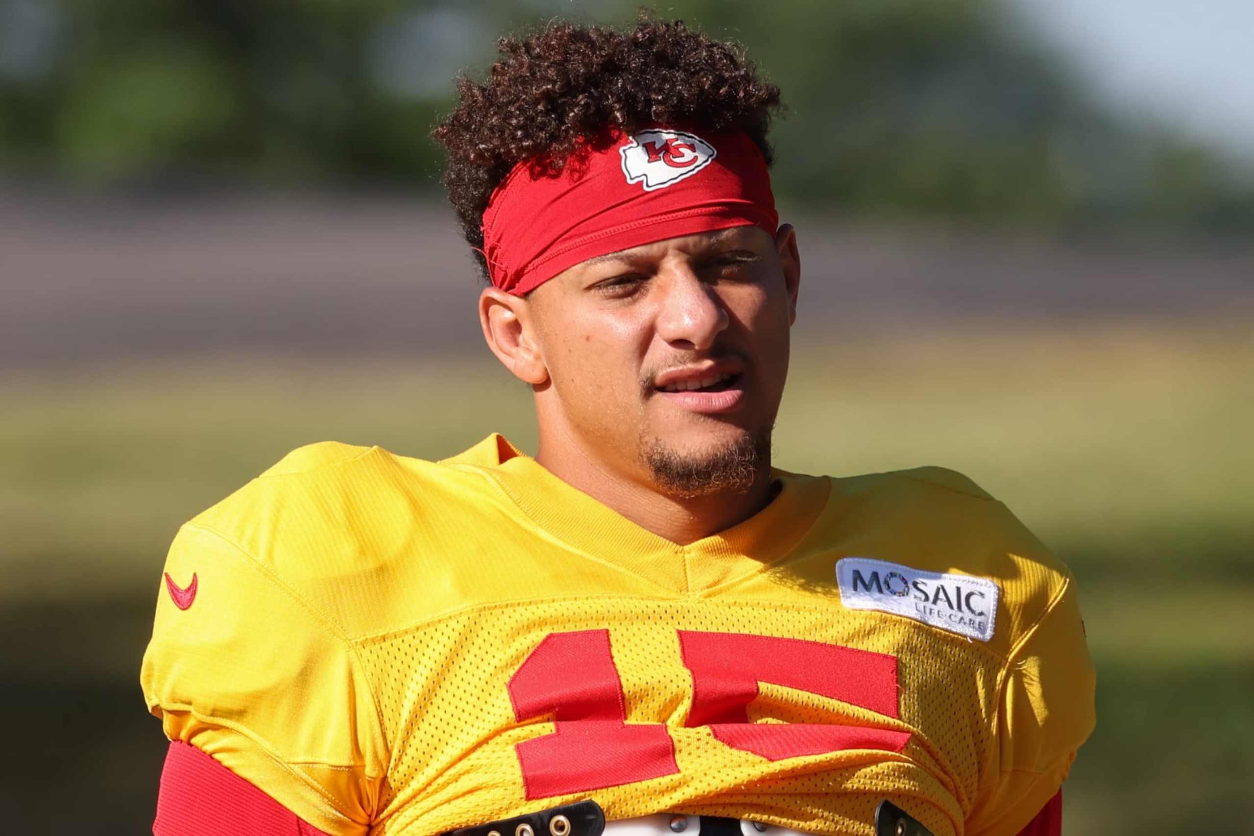 ST. JOSEPH, MO - AUGUST 02: Kansas City Chiefs quarterback Patrick Mahomes (15)] walks to the field during training camp on August 2, 2024 at Missouri Western State University in St. Joseph, MO. (Photo by Scott Winters/Icon Sportswire via Getty Images)