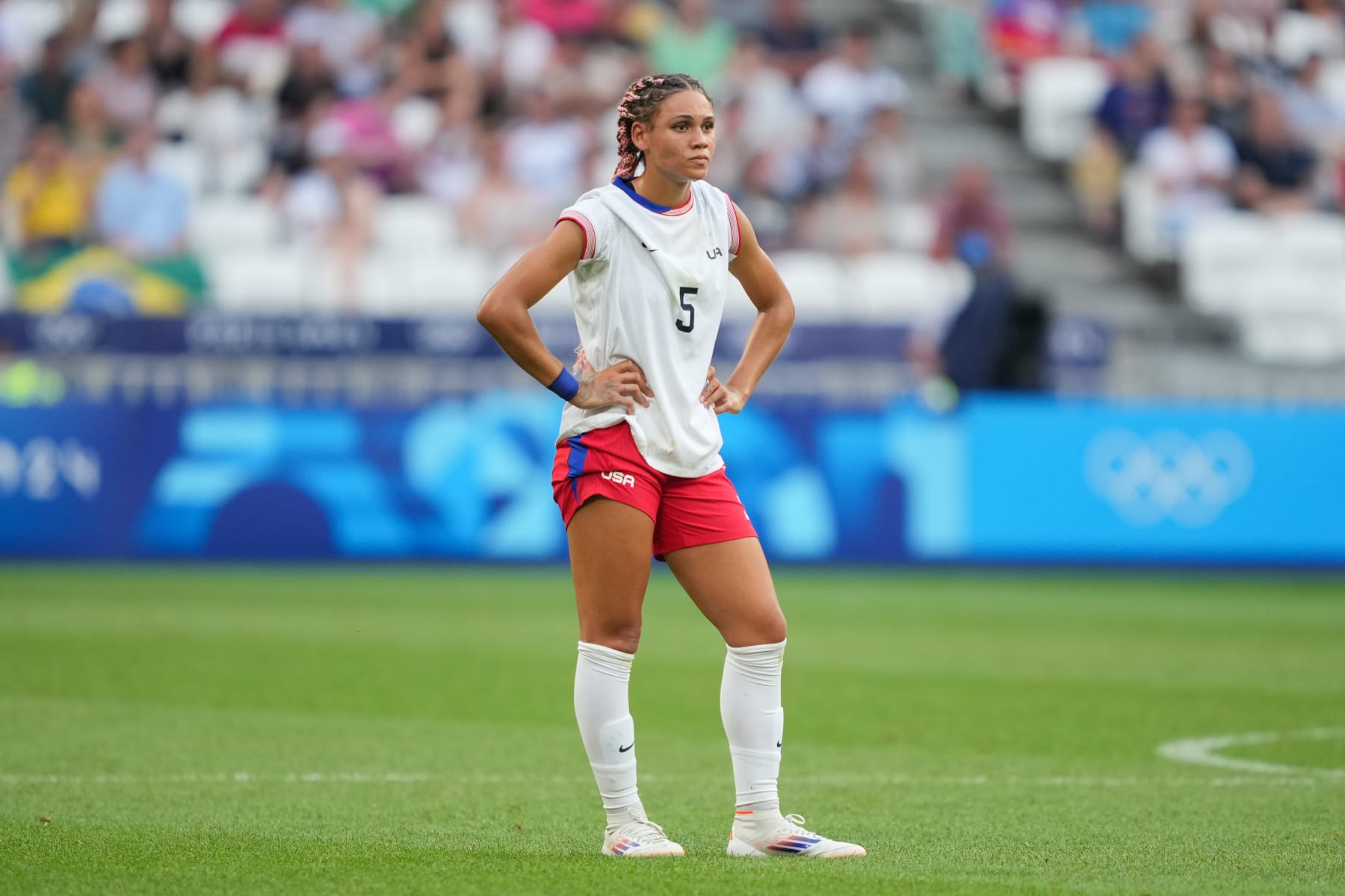LYON, FRANCE - AUGUST 06: Trinity Rodman #5 of the United States during the second half against Germany during the Women's semifinal match during the Olympic Games Paris 2024 at Stade de Lyon on August 06, 2024 in Lyon, France. (Photo by John Todd/ISI/Getty Images)