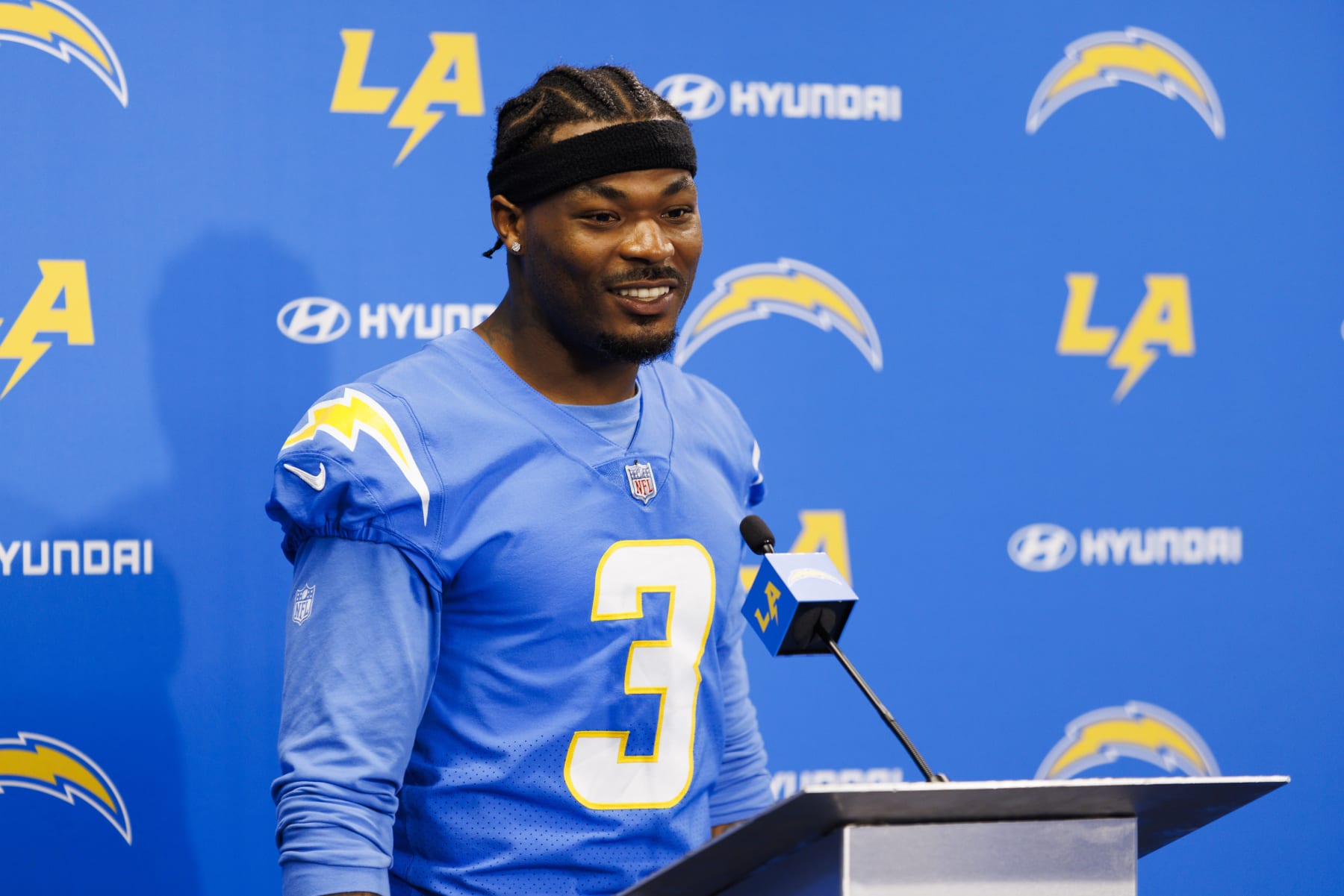 COSTA MESA, CALIFORNIA - JUNE 13: Derwin James Jr. #3 of the Los Angeles Chargers at the podium after an NFL football practice at Hoag Performance Center on June 13, 2024 in Costa Mesa, California. (Photo by Ric Tapia/Getty Images)