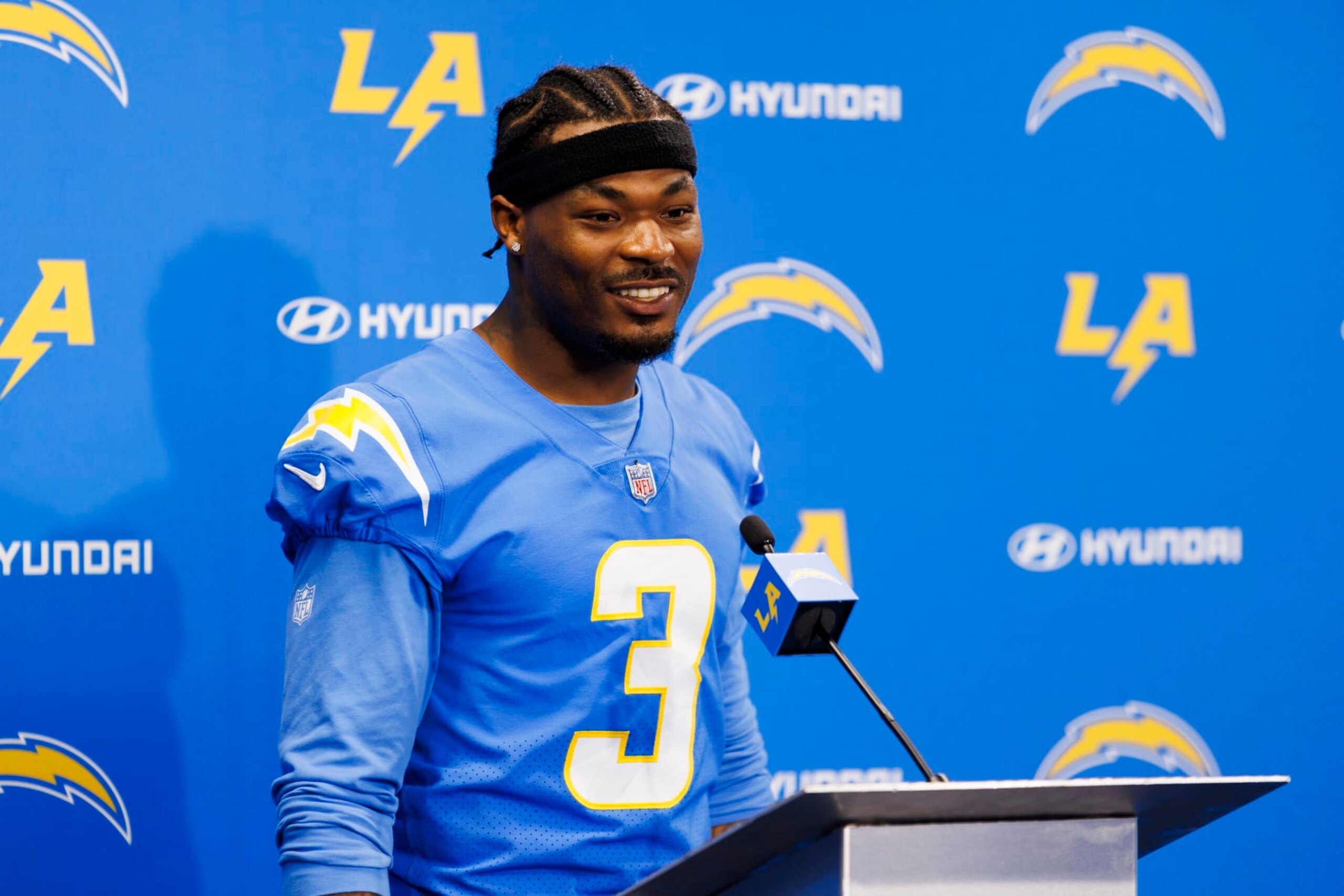 COSTA MESA, CALIFORNIA - JUNE 13: Derwin James Jr. #3 of the Los Angeles Chargers at the podium after an NFL football practice at Hoag Performance Center on June 13, 2024 in Costa Mesa, California. (Photo by Ric Tapia/Getty Images) COSTA MESA, CALIFORNIA - JUNE 13: Derwin James Jr. #3 of the Los Angeles Chargers at the podium after an NFL football practice at Hoag Performance Center on June 13, 2024 in Costa Mesa, California. (Photo by Ric Tapia/Getty Images)