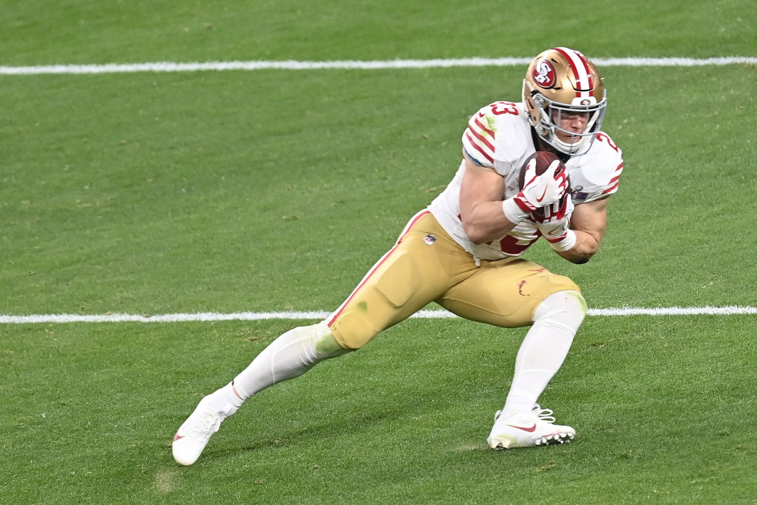 LAS VEGAS, NEVADA - FEBRUARY 11: Christian McCaffrey #23 of the San Francisco 49ers catches a pass against the Kansas City Chiefs in the second half during Super Bowl LVIII at Allegiant Stadium on February 11, 2024 in Las Vegas, Nevada. (Photo by Focus on Sport/Getty Images) LAS VEGAS, NEVADA - FEBRUARY 11: Christian McCaffrey #23 of the San Francisco 49ers catches a pass against the Kansas City Chiefs in the second half during Super Bowl LVIII at Allegiant Stadium on February 11, 2024 in Las Vegas, Nevada. (Photo by Focus on Sport/Getty Images)