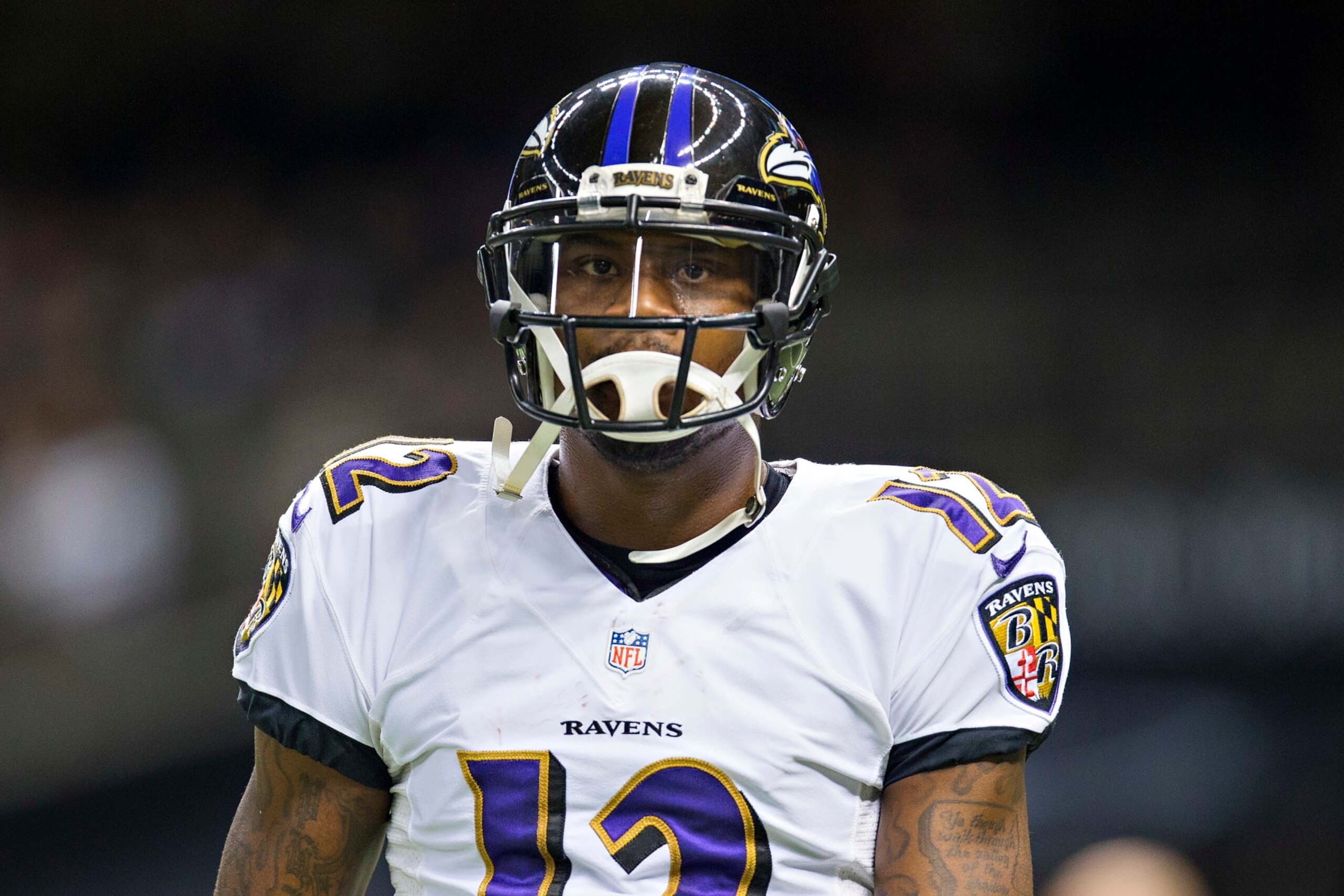 NEW ORLEANS, LA - NOVEMBER 24: Jacoby Jones #12 of the Baltimore Ravens warms up before a game against the New Orleans Saints at Mercedes-Benz Superdome on November 24, 2014 in New Orleans, Louisiana. The Ravens defeated the Saints 34-27. (Photo by Wesley Hitt/Getty Images) NEW ORLEANS, LA - NOVEMBER 24: Jacoby Jones #12 of the Baltimore Ravens warms up before a game against the New Orleans Saints at Mercedes-Benz Superdome on November 24, 2014 in New Orleans, Louisiana. The Ravens defeated the Saints 34-27. (Photo by Wesley Hitt/Getty Images)