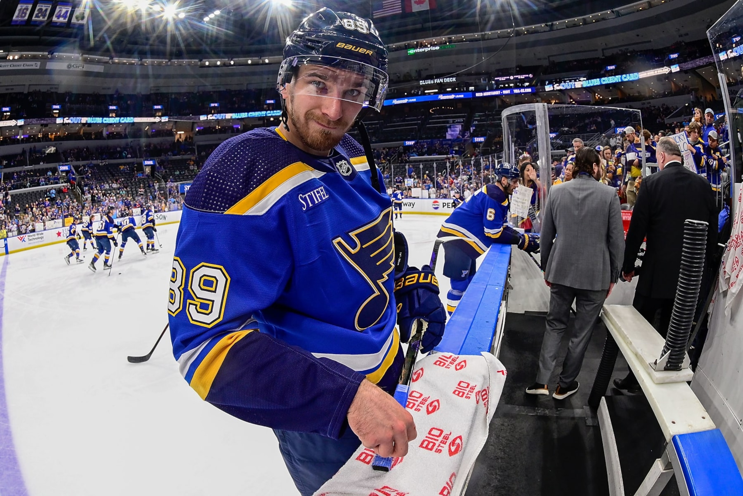 ST. LOUIS, MO - APRIL 14: Pavel Buchnevich #89 of the St. Louis Blues during warmups against the Seattle Kraken on April 14, 2024 at the Enterprise Center in St. Louis, Missouri. (Photo by Scott Rovak/NHLI via Getty Images)