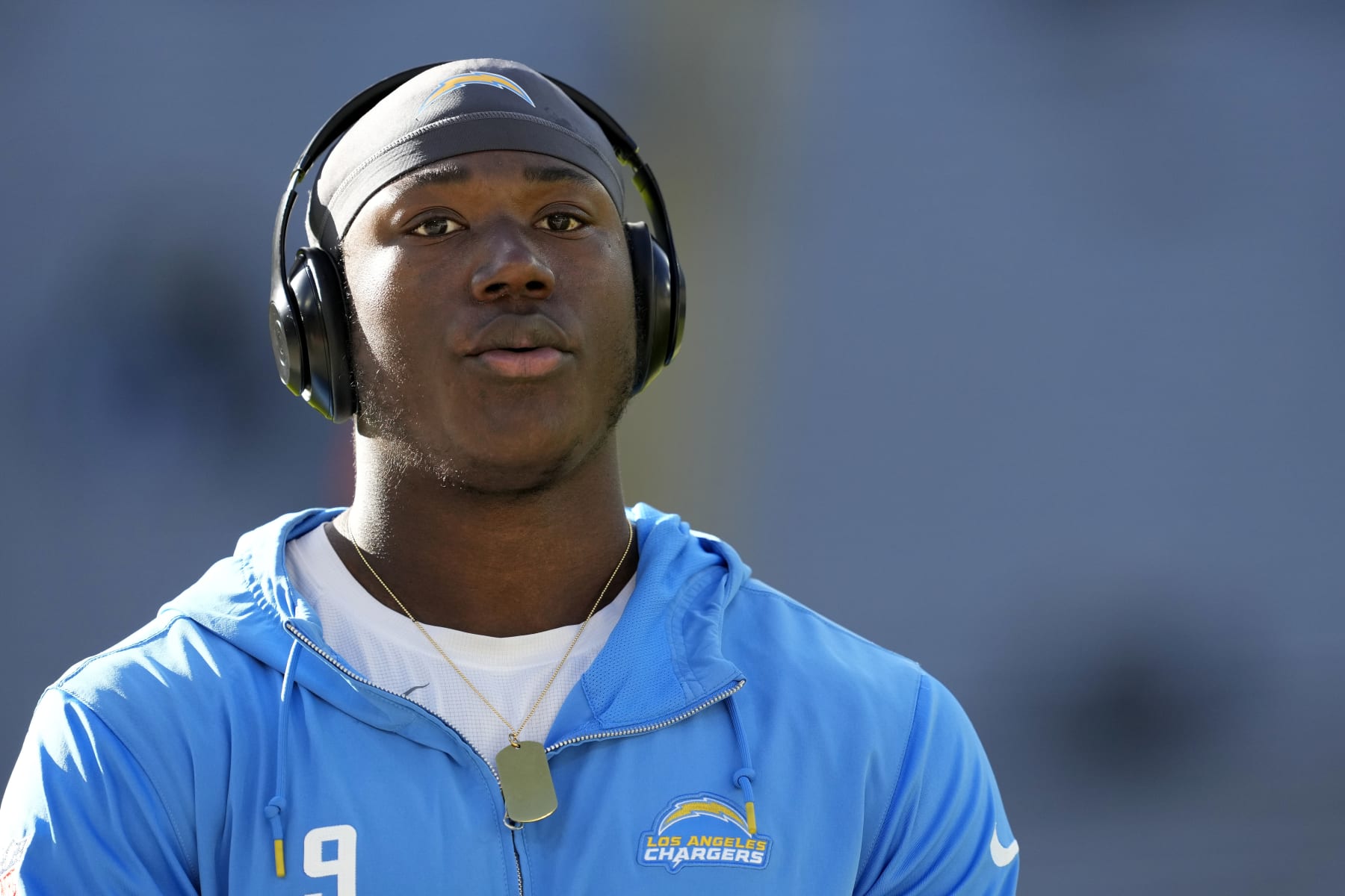 GREEN BAY, WISCONSIN - NOVEMBER 19: Kenneth Murray Jr. #9 of the Los Angeles Chargers looks on before a game against the Green Bay Packers at Lambeau Field on November 19, 2023 in Green Bay, Wisconsin. (Photo by Patrick McDermott/Getty Images)