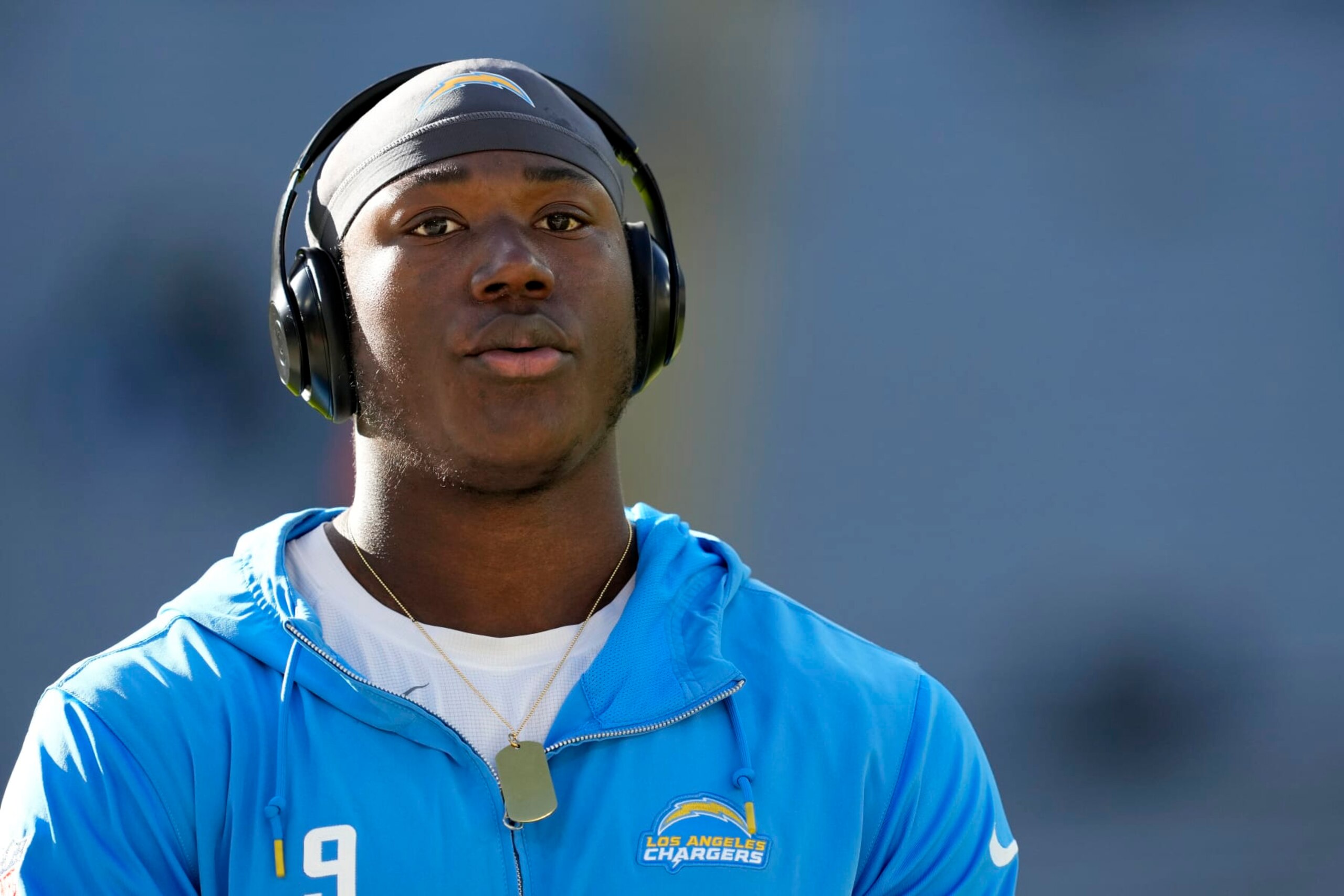 GREEN BAY, WISCONSIN - NOVEMBER 19: Kenneth Murray Jr. #9 of the Los Angeles Chargers looks on before a game against the Green Bay Packers at Lambeau Field on November 19, 2023 in Green Bay, Wisconsin. (Photo by Patrick McDermott/Getty Images)