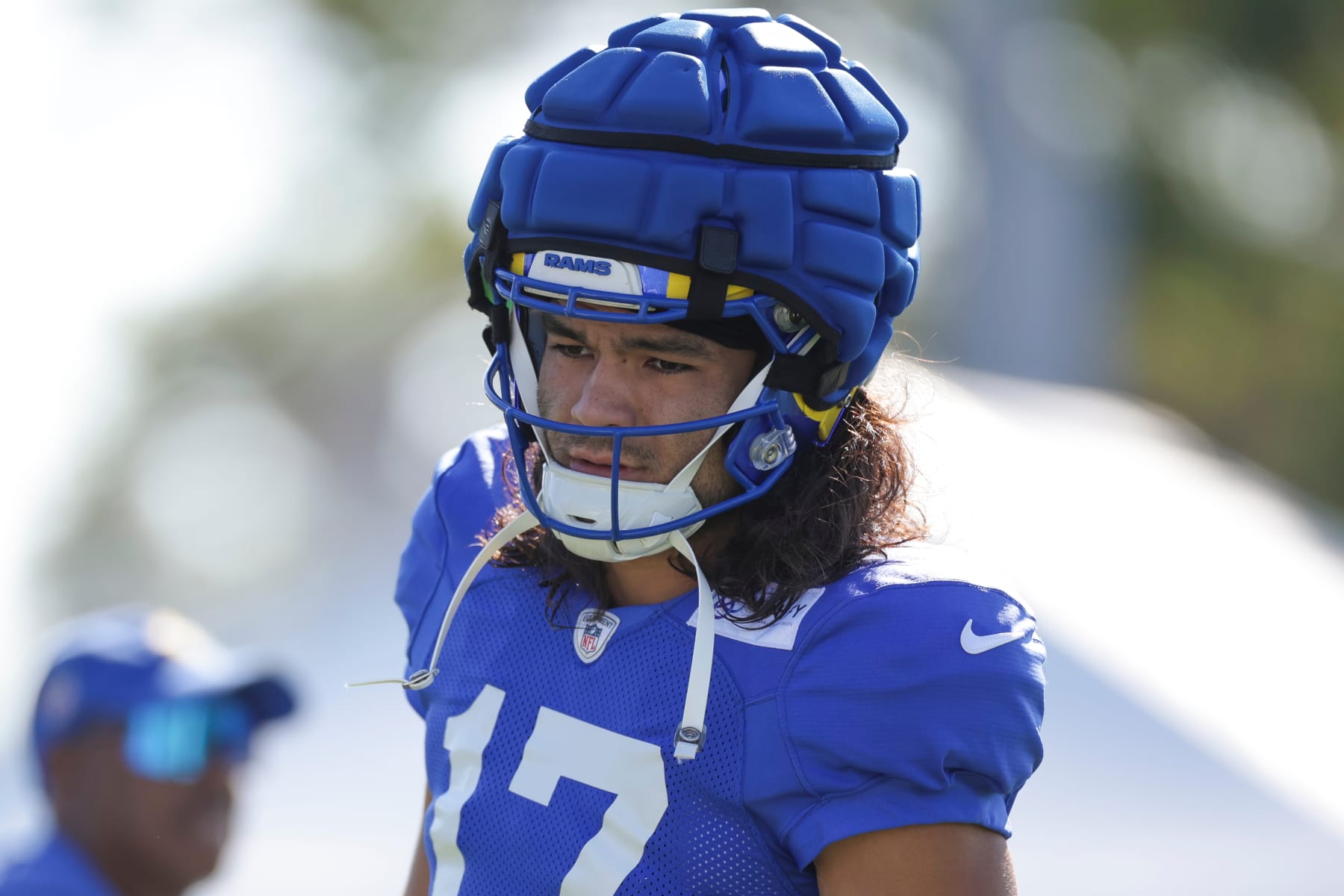 LOS ANGELES, CA - JULY 29: Los Angeles Rams wide receiver Puka Nacua (17) participates in a drill during the team's training camp at Loyola Marymount University on July 29, 2024 in Los Angeles, CA. (Photo by Brandon Sloter/Icon Sportswire via Getty Images)