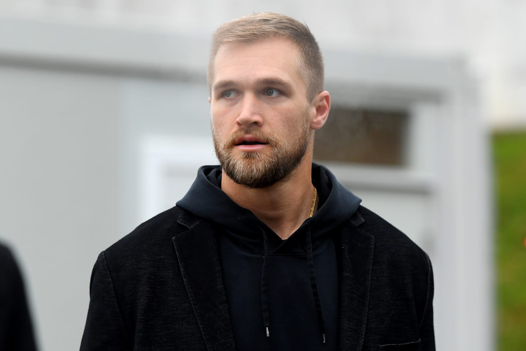 ORCHARD PARK, NEW YORK - DECEMBER 31: Mike Gesicki #88 of the New England Patriots arrives prior to a game against the Buffalo Bills at Highmark Stadium on December 31, 2023 in Orchard Park, New York. (Photo by Rich Barnes/Getty Images)