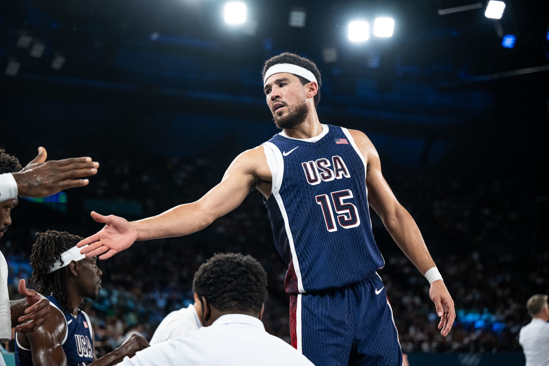PARIS, FRANCE - AUGUST 06: Devin Booker of USA looks on during the quarterfinal between USA and Brazil on day eleven of the Olympic Games Paris 2024 at Bercy Arena on August 06, 2024 in Paris, France. (Photo by Marvin Ibo Guengoer - GES Sportfoto/Getty Images)