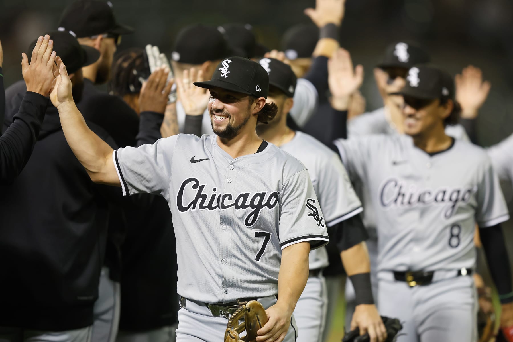 OAKLAND, CALIFORNIA - AUGUST 06: Dominic Fletcher #7 of the Chicago White Sox celebrates a 5-1 win against the Oakland Athletics at Oakland Coliseum on August 06, 2024 in Oakland, California. (Photo by Lachlan Cunningham/Getty Images)