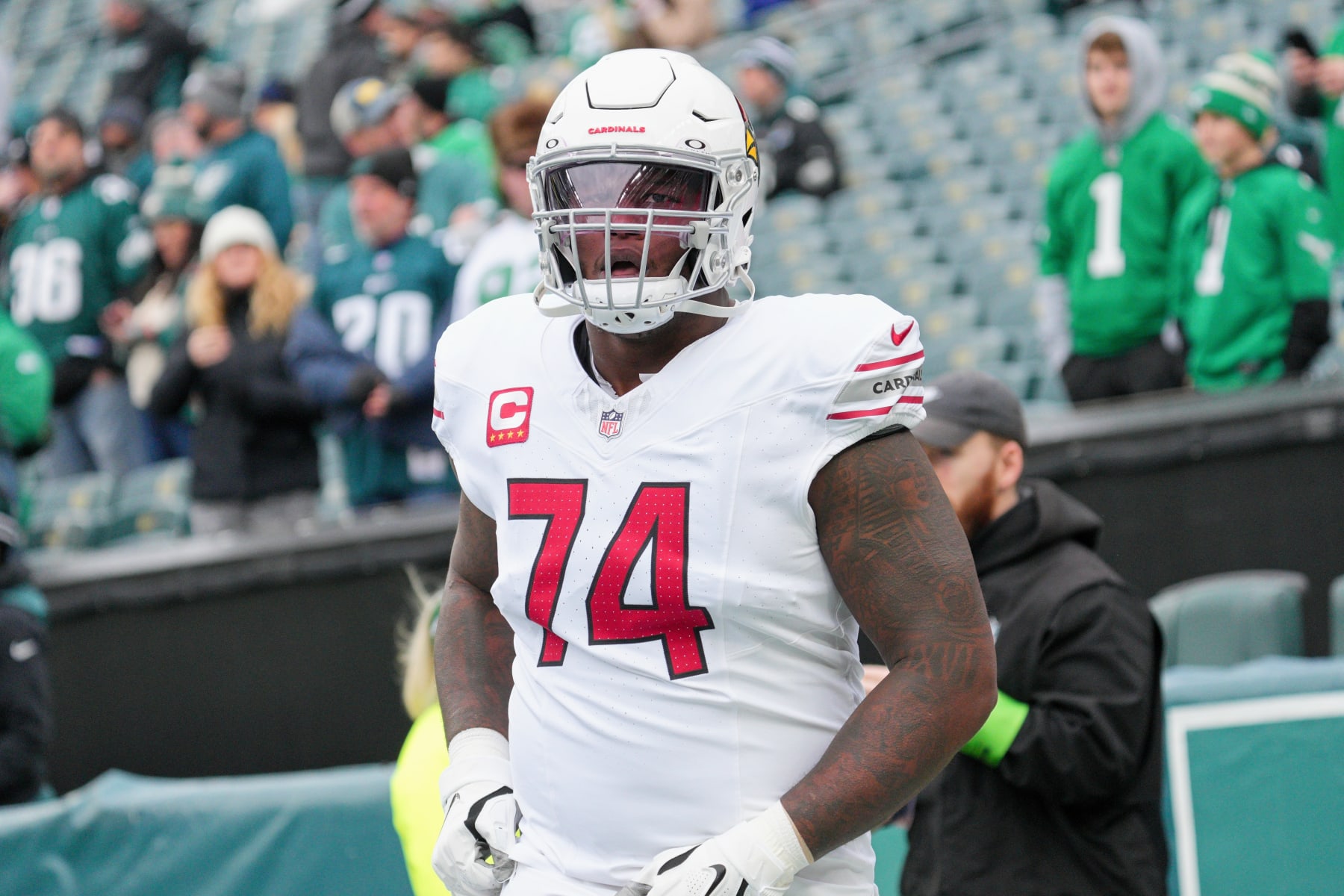 PHILADELPHIA, PA - DECEMBER 31: Arizona Cardinals offensive tackle D.J. Humphries (74) looks on during the game between the Arizona Cardinals and the Philadelphia Eagles on December 31, 2023 at Lincoln Financial Field. (Photo by Andy Lewis/Icon Sportswire via Getty Images)