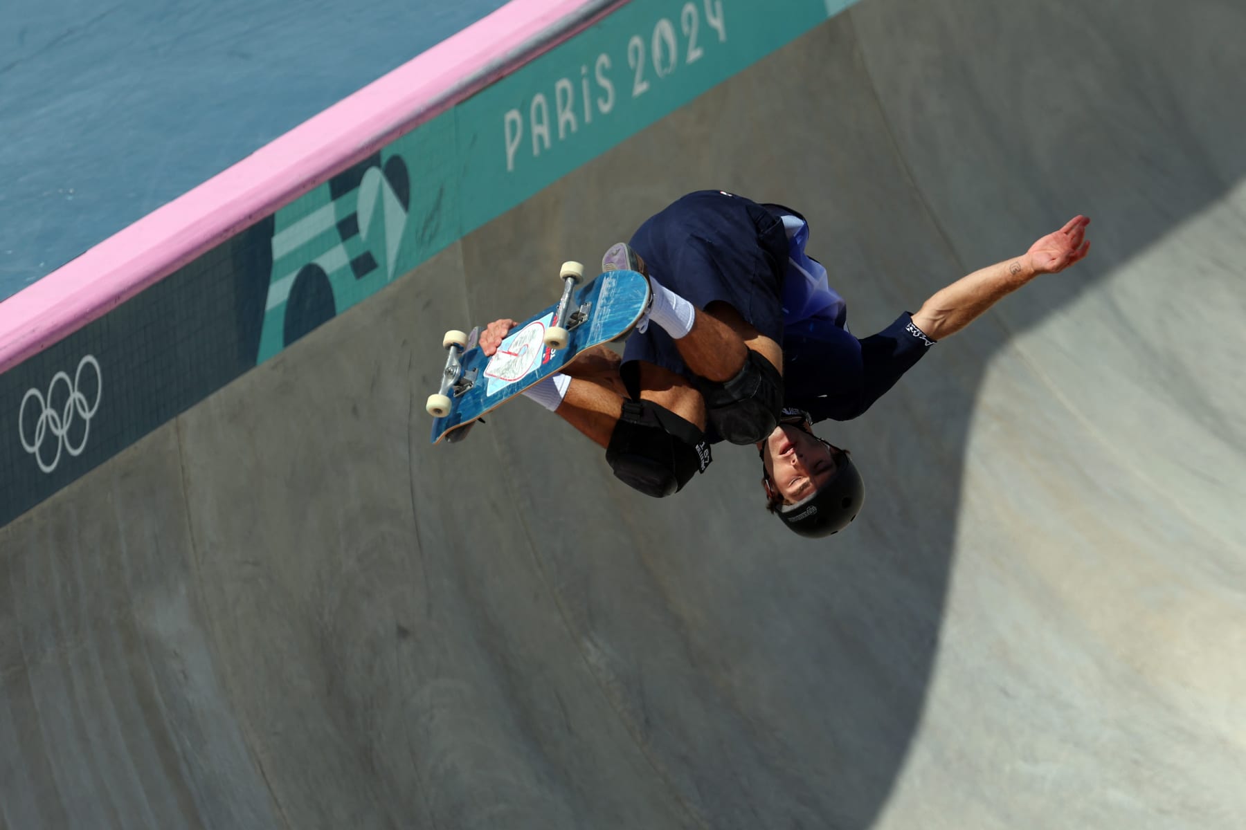 US' Tom Schaar competes in the men's park skateboarding prelims during the Paris 2024 Olympic Games at La Concorde in Paris on August 7, 2024. (Photo by Franck FIFE / AFP) (Photo by FRANCK FIFE/AFP via Getty Images)