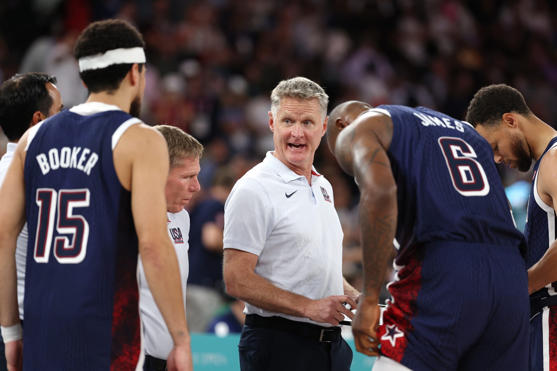 PARIS, FRANCE - AUGUST 06: Head coach Steve Kerr of Team United States talks to his team during a Men's basketball quarterfinal game between Team United States and Team Brazil on day eleven of the Olympic Games Paris 2024 at Bercy Arena on August 06, 2024 in Paris, France. (Photo by Jamie Squire/Getty Images)