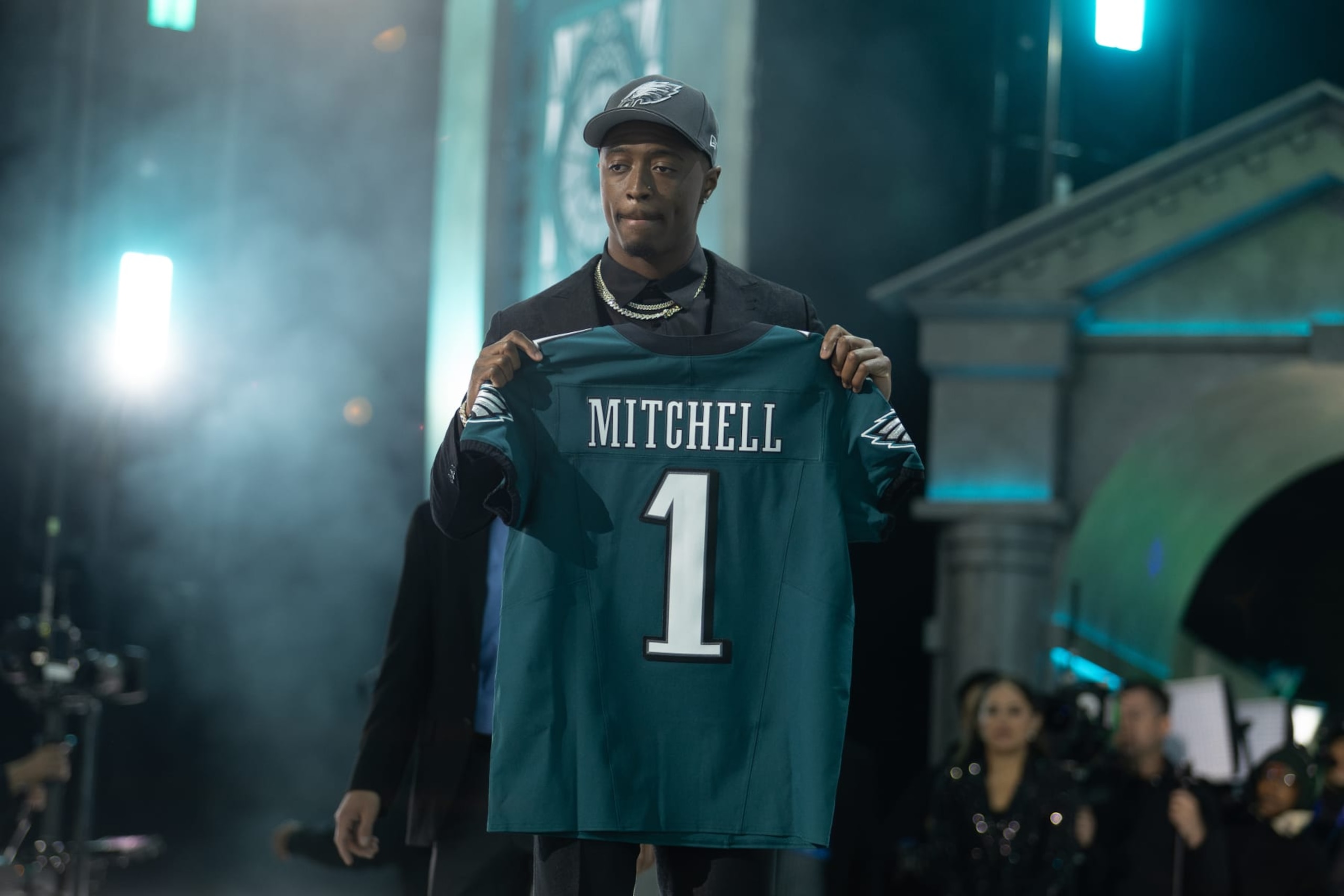 DETROIT, MI - APRIL 25: Toledo Cornerback Quinyon Mitchell poses with an Eagles jersey after he was taken 22nd overall by the Philadelphia Eagles during Day 1 of the NFL Draft on April 25, 2024 at Campus Martius Park and Hart Plaza in Detroit, MI. (Photo by John Smolek/Icon Sportswire via Getty Images)
