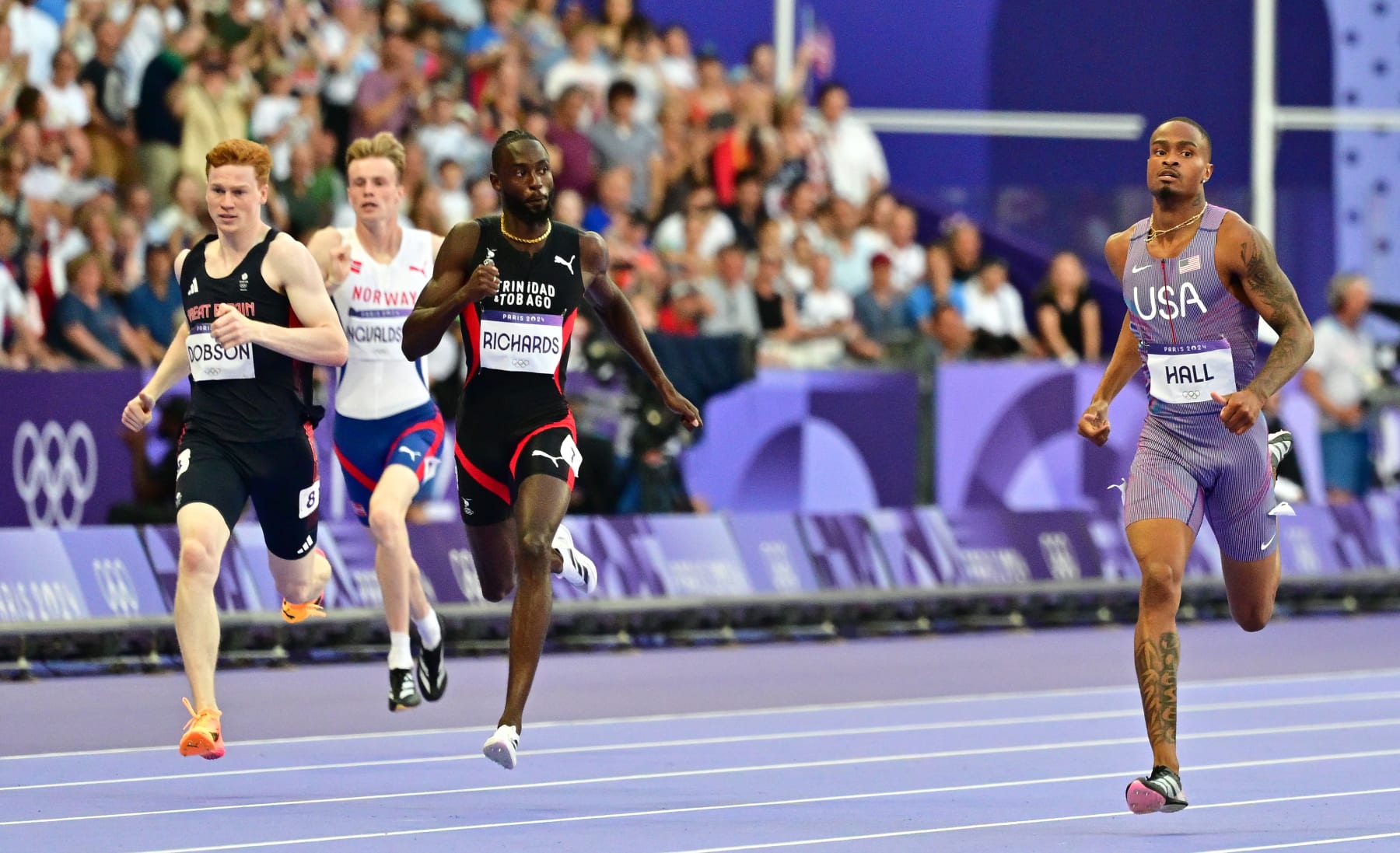 PARIS, FRANCE - AUGUST 06: Quincy Hall of USA during the Athletics Men's 400m on Day 11 of the Olympic Games Paris 2024 at Stade de France on August 6, 2024 in Saint-Denis, France,Photo by Christian Liewig - Corbis/Corbis via Getty Images)