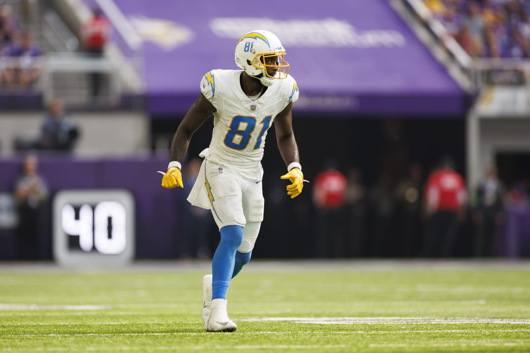 MINNEAPOLIS, MINNESOTA - SEPTEMBER 24: Mike Williams #81 of the Los Angeles Chargers runs a route during an NFL football game against the Minnesota Vikings at U.S. Bank Stadium on September 24, 2023 in Minneapolis, Minnesota. (Photo by Ryan Kang/Getty Images)