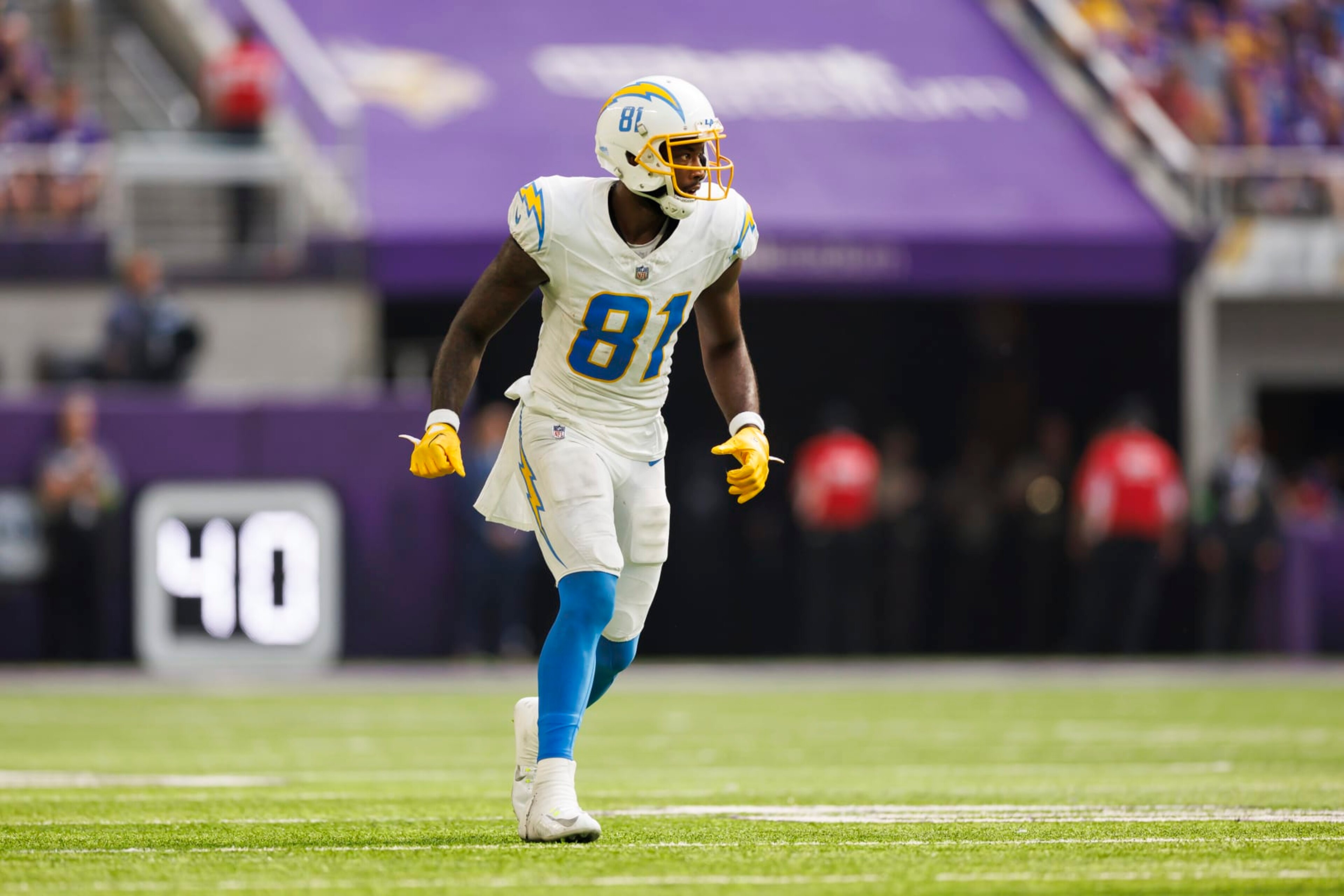 MINNEAPOLIS, MINNESOTA - SEPTEMBER 24: Mike Williams #81 of the Los Angeles Chargers runs a route during an NFL football game against the Minnesota Vikings at U.S. Bank Stadium on September 24, 2023 in Minneapolis, Minnesota. (Photo by Ryan Kang/Getty Images)