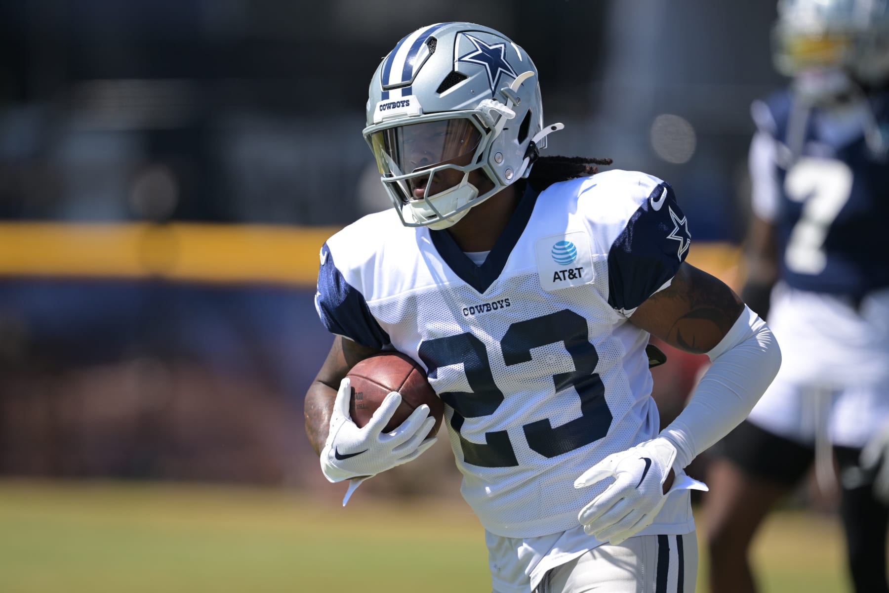 OXNARD, CALIFORNIA - AUGUST 6: Rico Dowdle #23 of the Dallas Cowboys participates in drills during NFL training camp at River Ridge Fields on August 6, 2024 in Oxnard, California. (Photo by Jayne Kamin-Oncea/Getty Images)
