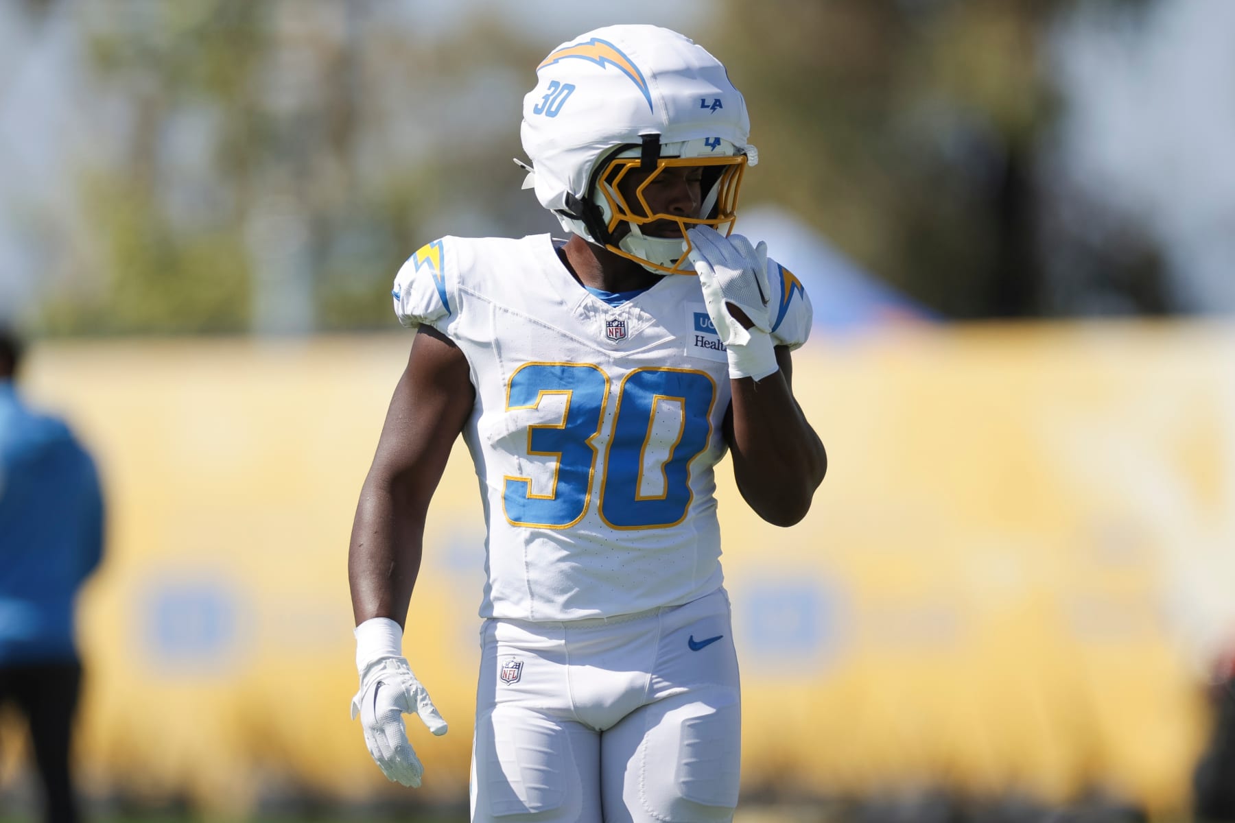 EL SEGUNDO, CA - JULY 29: Los Angeles Chargers running back Kimani Vidal (30) participates in a drill during the team's training camp at The Bolt on July 29, 2024 in El Segundo, CA. (Photo by Brandon Sloter/Icon Sportswire via Getty Images)