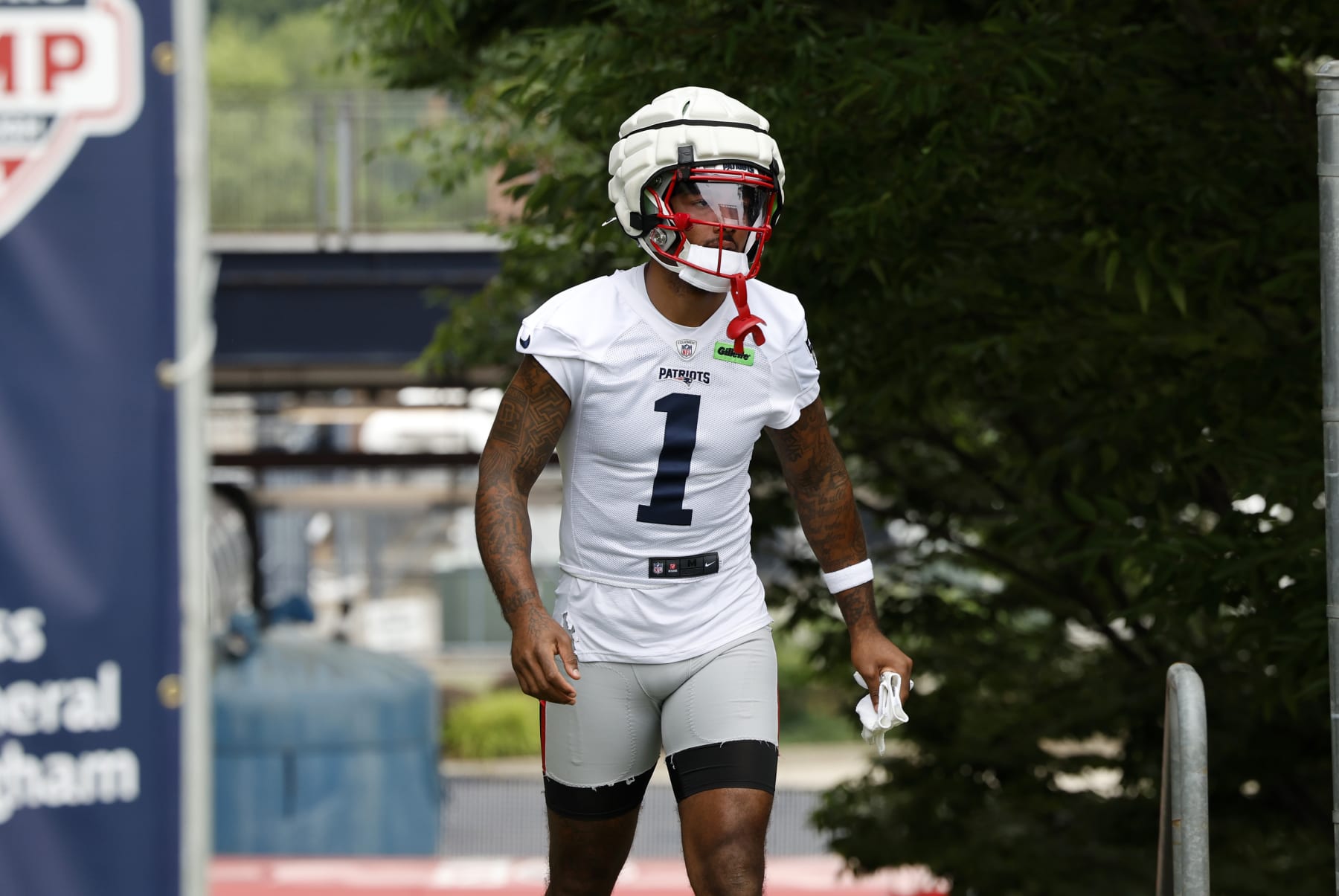 FOXBOROUGH, MA - JULY 24: New England Patriots wide receiver Ja'Lynn Polk (1) walks to the field during New England Patriots Training Camp on July 24, 2024, at Gillette Stadium in Foxborough, Massachusetts. (Photo by Fred Kfoury III/Icon Sportswire via Getty Images)