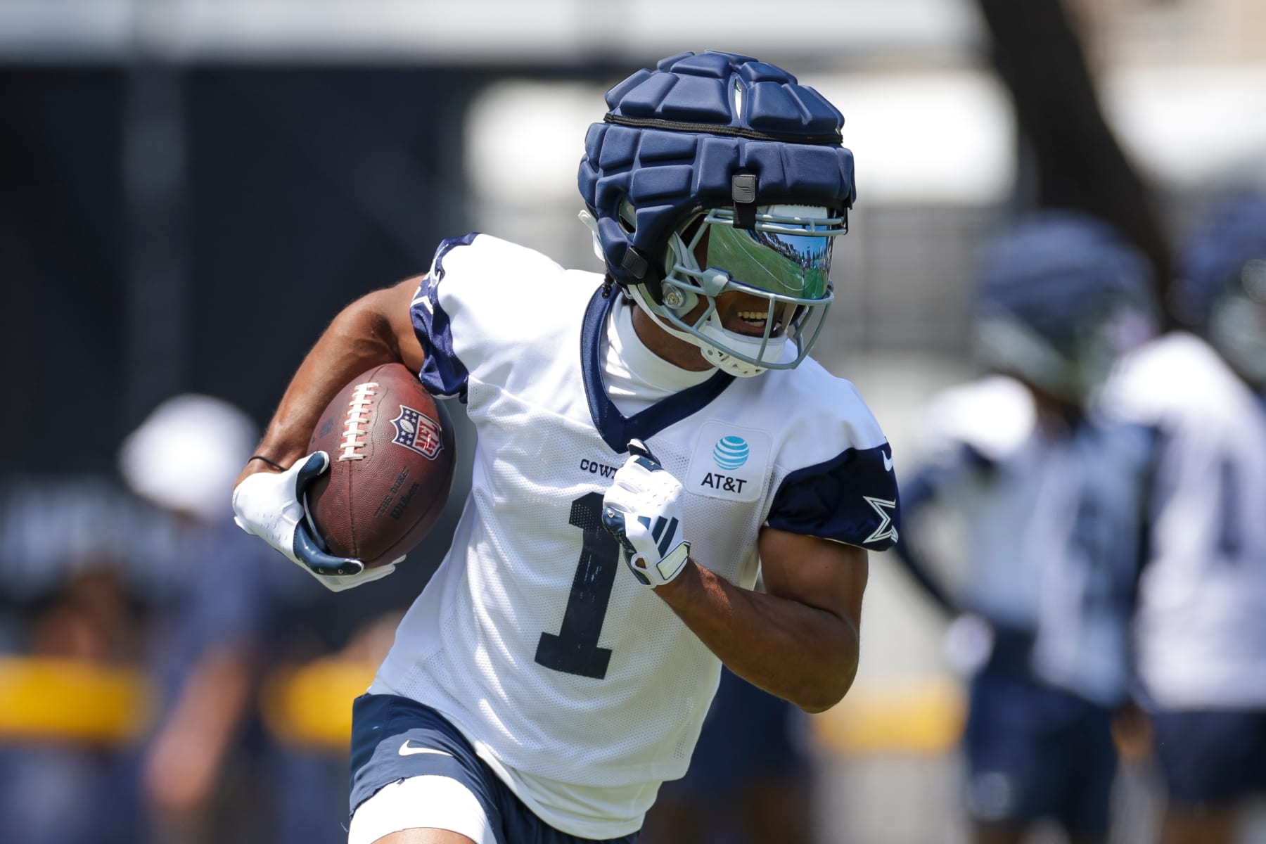 OXNARD, CA - JULY 25: Dallas Cowboys wide receiver Jalen Tolbert (1) runs with the ball during the team's training camp at River Ridge Playing Fields on July 25, 2024 in Oxnard, CA. (Photo by Brandon Sloter/Icon Sportswire via Getty Images)