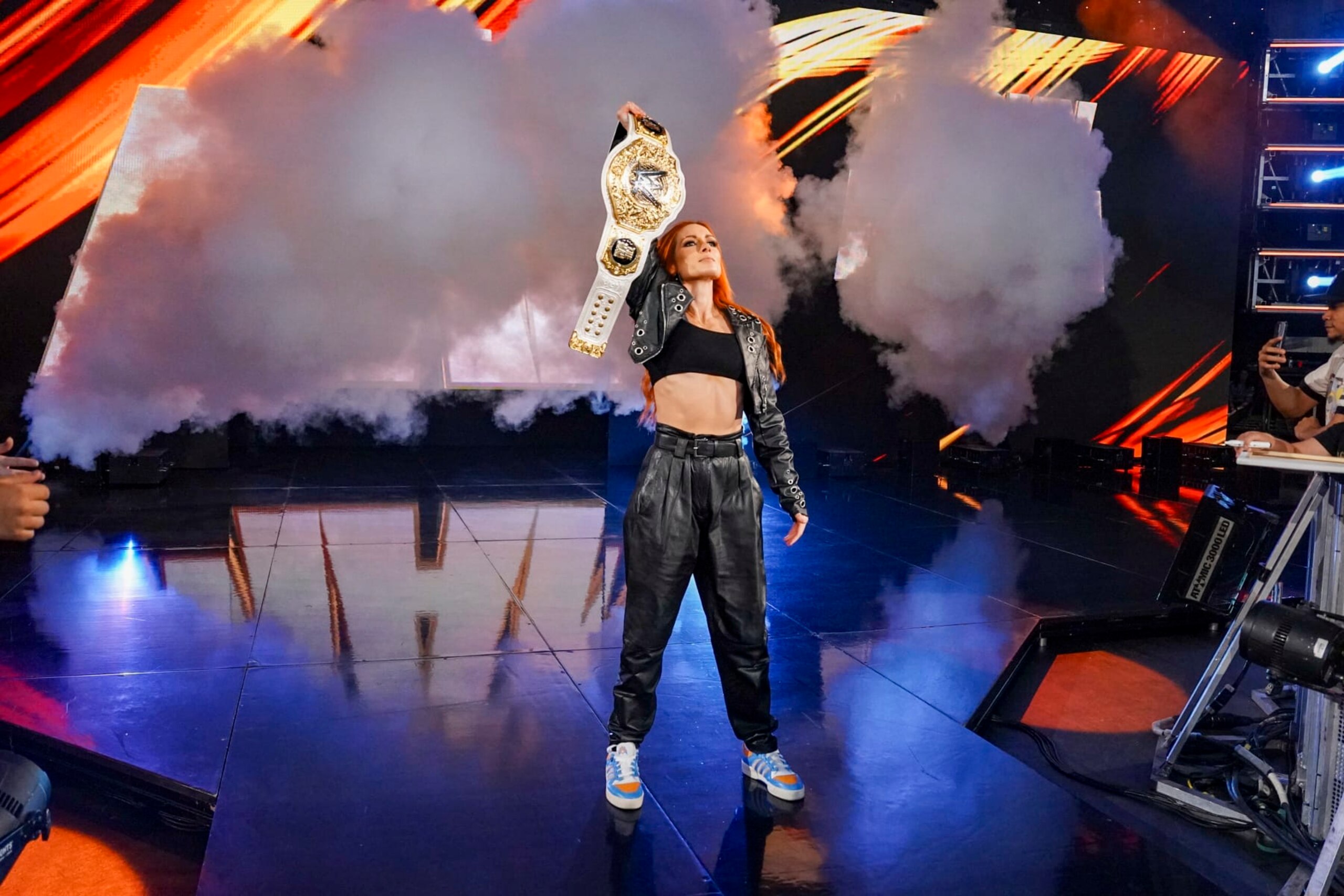 HARTFORD, CONNECTICUT - MAY 6: WWE Women's World Champion, Becky Lynch enters the arena during Monday Night RAW at XL Center on May 6, 2024 in Hartford, Connecticut.  (Photo by WWE/Getty Images)