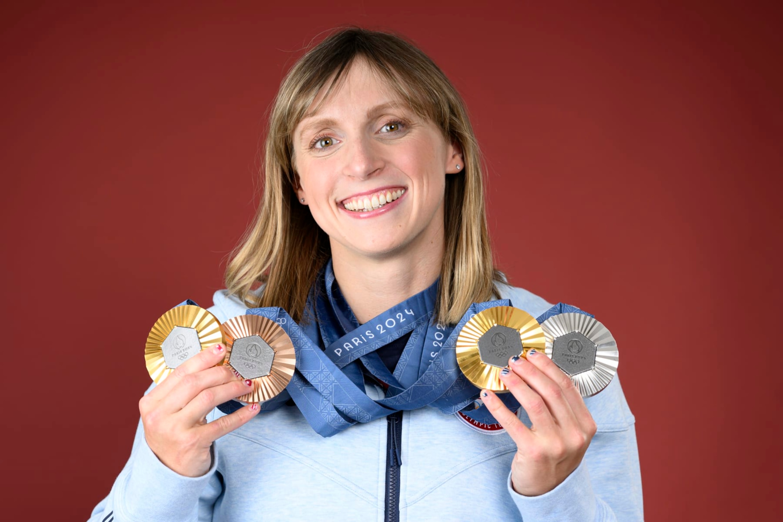 PARIS, FRANCE - AUGUST 04: (BROADCAST-OUT) Olympian Katie Ledecky of Team United States poses on the Today Show Set on August 04, 2024 in Paris, France. (Photo by Kristy Sparow/Getty Images)