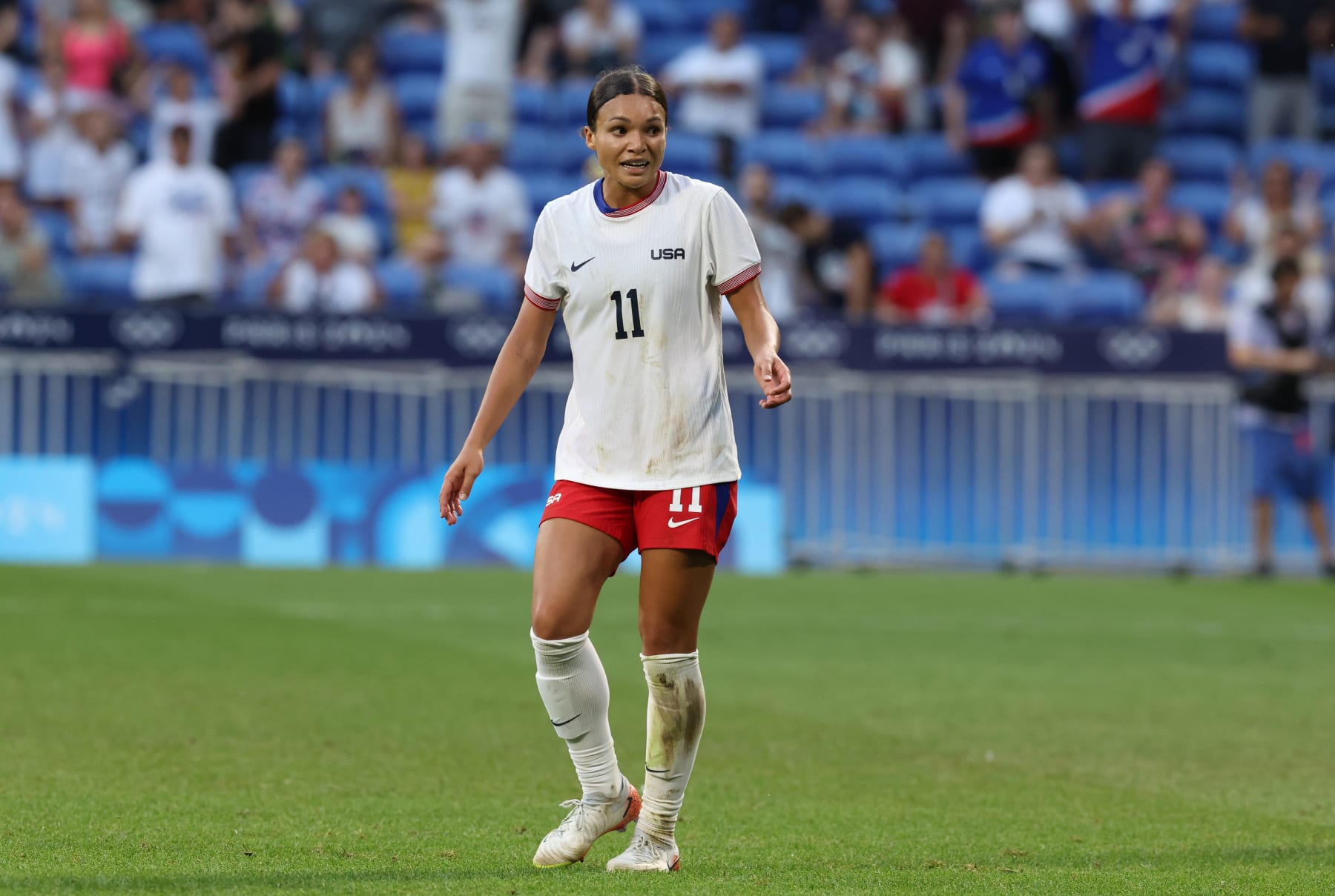 LYON, FRANCE - AUGUST 06: Sophia Smith of Team United States in action during of the Women's semifinal match between United States of America and Germany during the Olympic Games Paris 2024 at Stade de Lyon on August 06, 2024 in Lyon, France. (Photo by Claudio Villa/Getty Images)