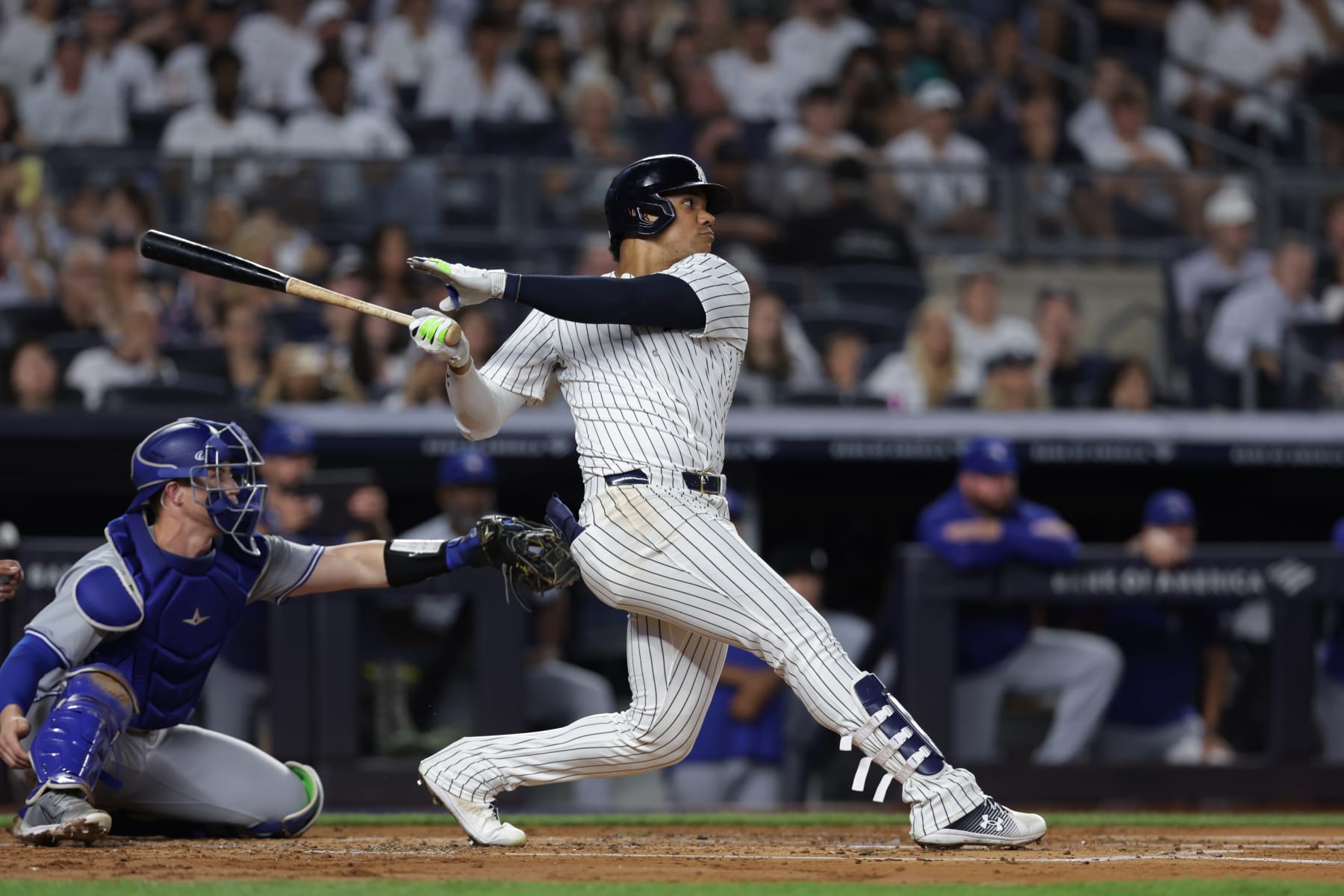 NEW YORK, NY - AUGUST 02: Juan Soto #22 of the. New York Yankees bats during the game between the Toronto Blue Jays and the New York Yankees at Yankee Stadium on Friday, August 2, 2024 in New York, New York. (Photo by Rob Tringali/MLB Photos via Getty Images)