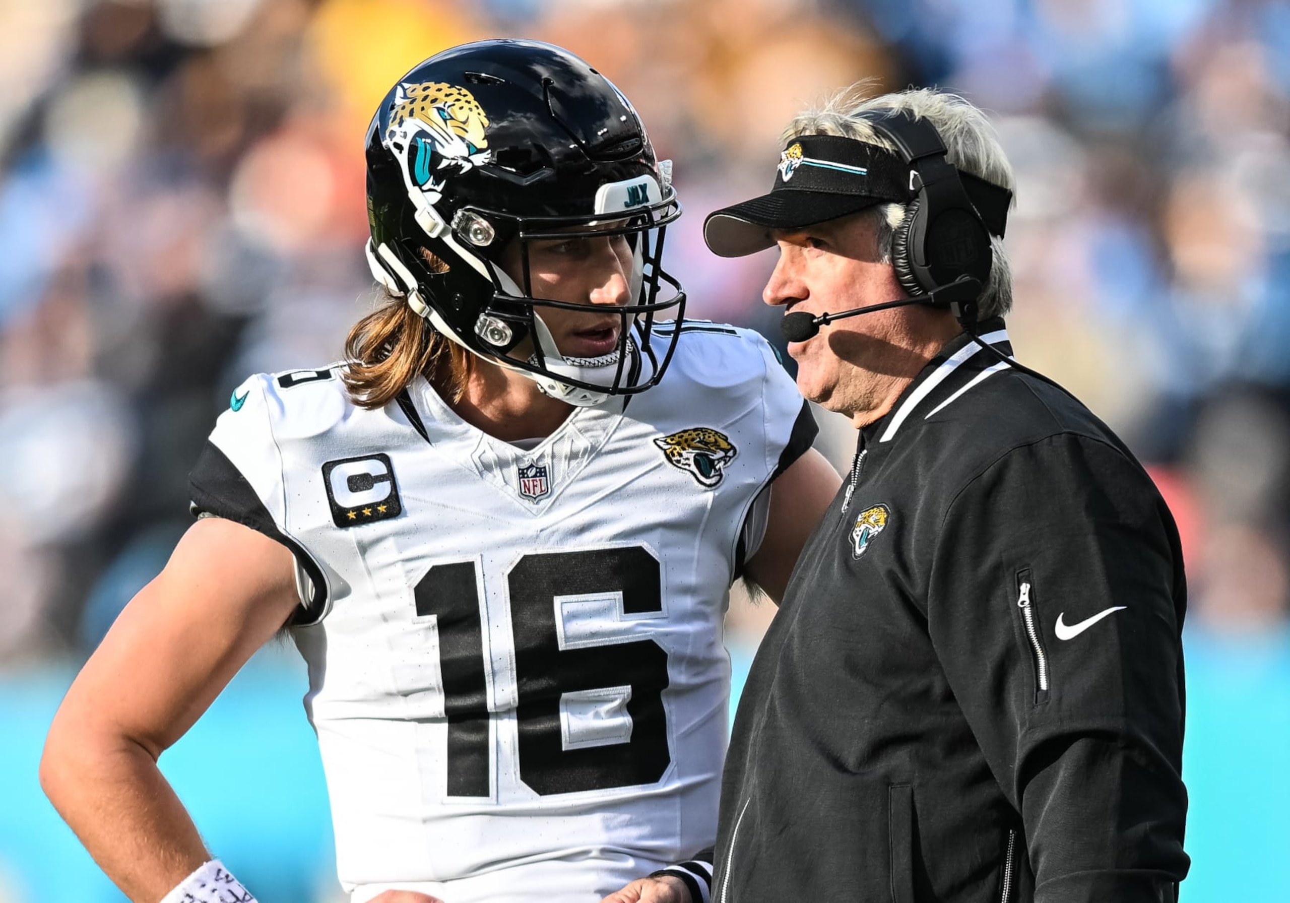 NASHVILLE, TN - JANUARY 07: Jacksonville Jaguars quarterback Trevor Lawrence (16) talks to Jacksonville Jaguars Head Coach Doug Pederson during the NFL game between the Tennessee Titans and the Jacksonville Jaguars on January 7, 2024, at Nissan Stadium in Nashville, TN. (Photo by Bryan Lynn/Icon Sportswire via Getty Images)