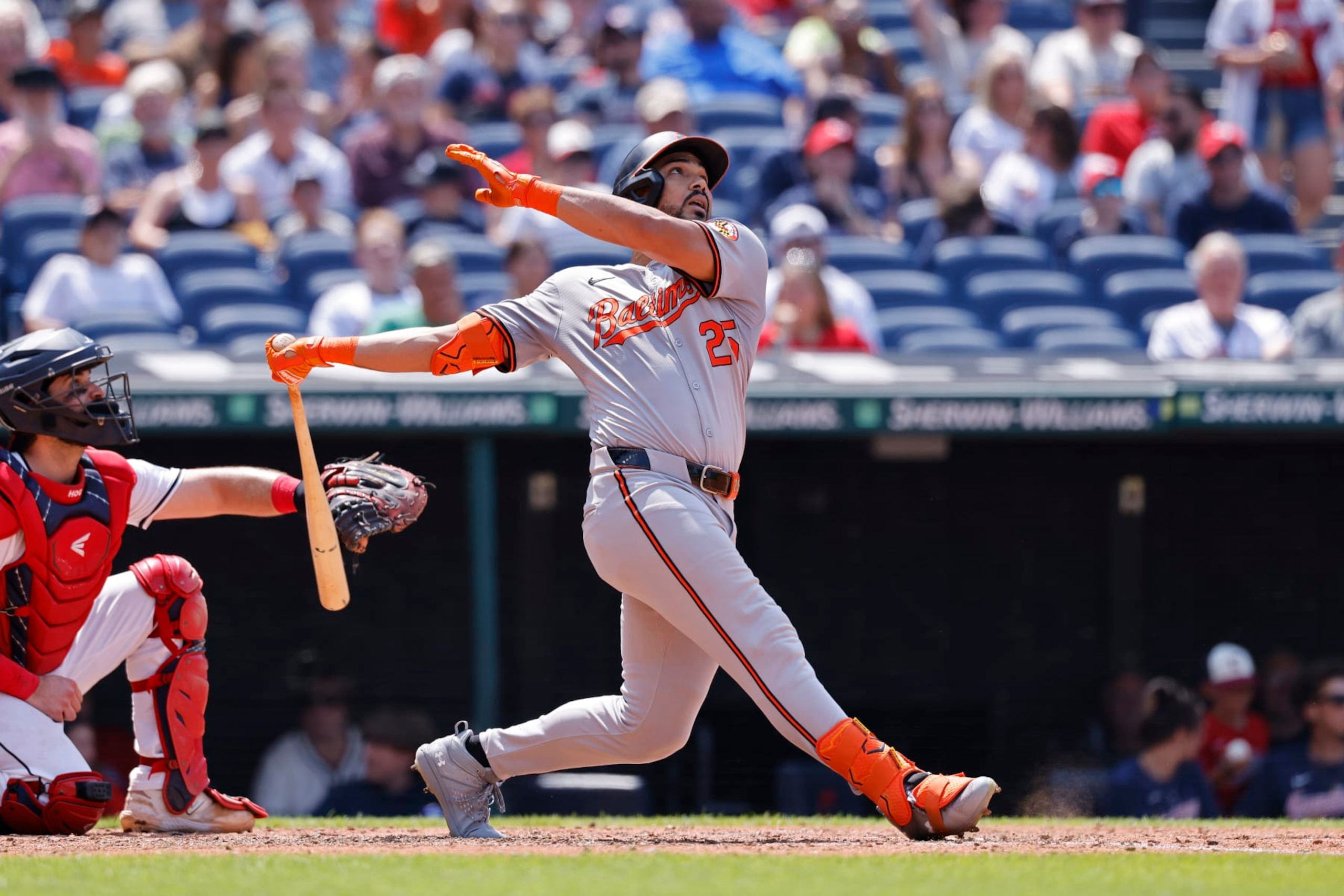CLEVELAND, OH - AUGUST 04: Baltimore Orioles outfielder Anthony Santander (25) bats during an MLB game against the Cleveland Guardians on August 04, 2024 at Progressive Field in Cleveland, Ohio. (Photo by Joe Robbins/Icon Sportswire via Getty Images)