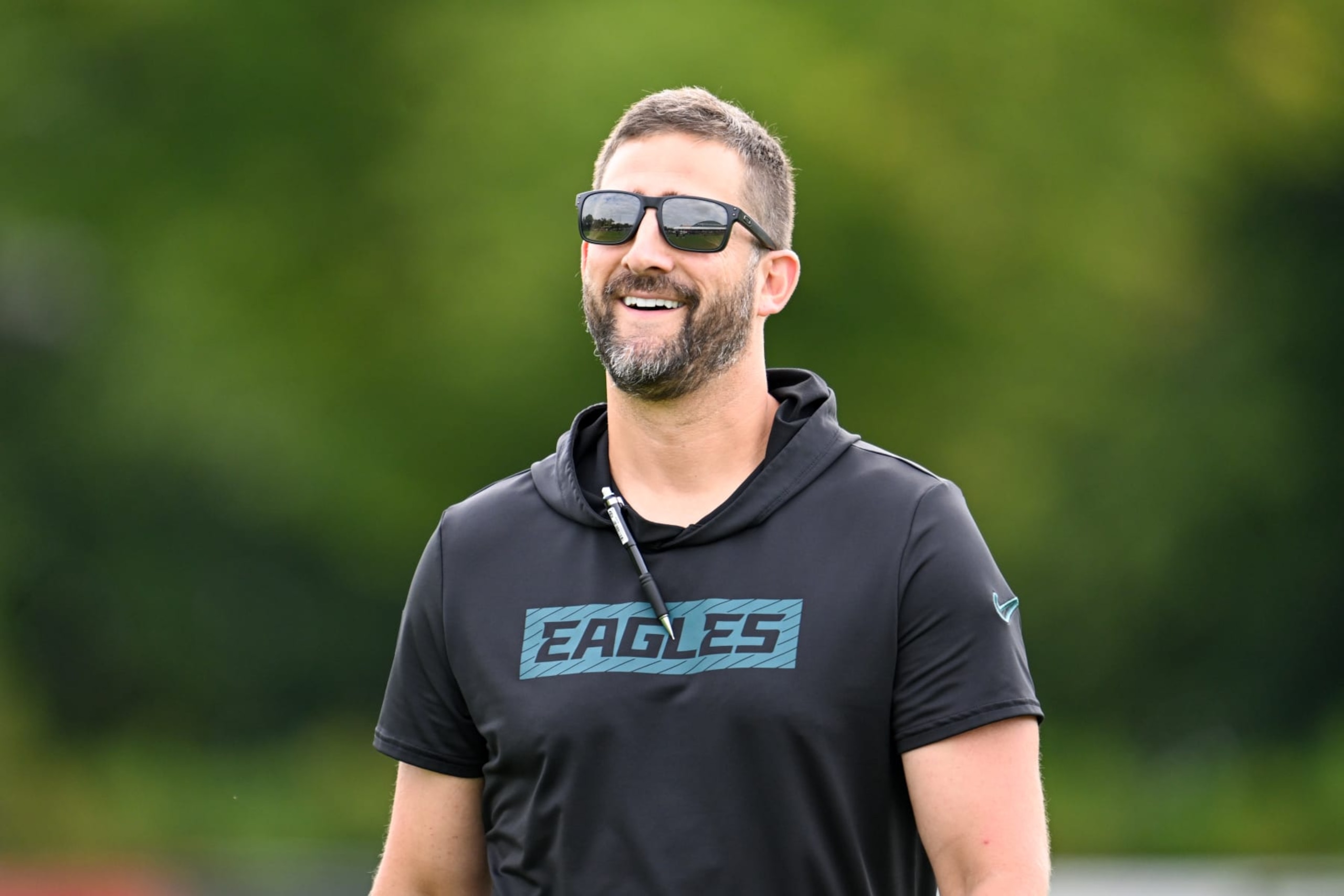 PHILADELPHIA, PA - AUGUST 07: Philadelphia Eagles head coach Nick Sirianni smiles during the Philadelphia Eagles training camp on August 7th, 2024 at the NovaCare Complex in Philadelphia, PA. (Photo by Terence Lewis/Icon Sportswire via Getty Images)
