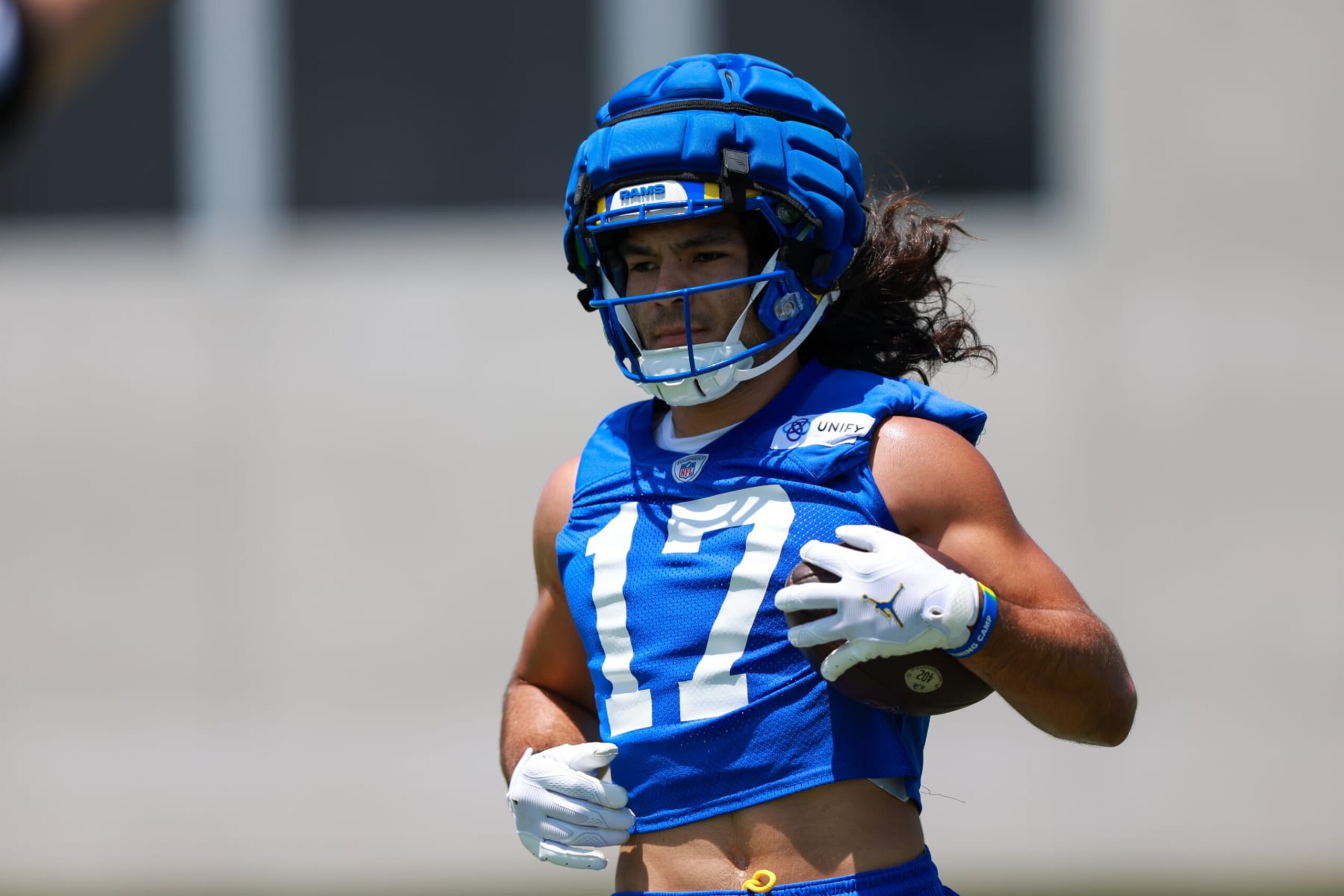 LOS ANGELES, CA - JULY 27: Los Angeles Rams wide receiver Puka Nacua (17) catches the ball during the Los Angeles Rams Training Camp on July 27, 2024, at Loyola Marymount University in Los Angeles, CA. (Photo by Jordon Kelly/Icon Sportswire via Getty Images)