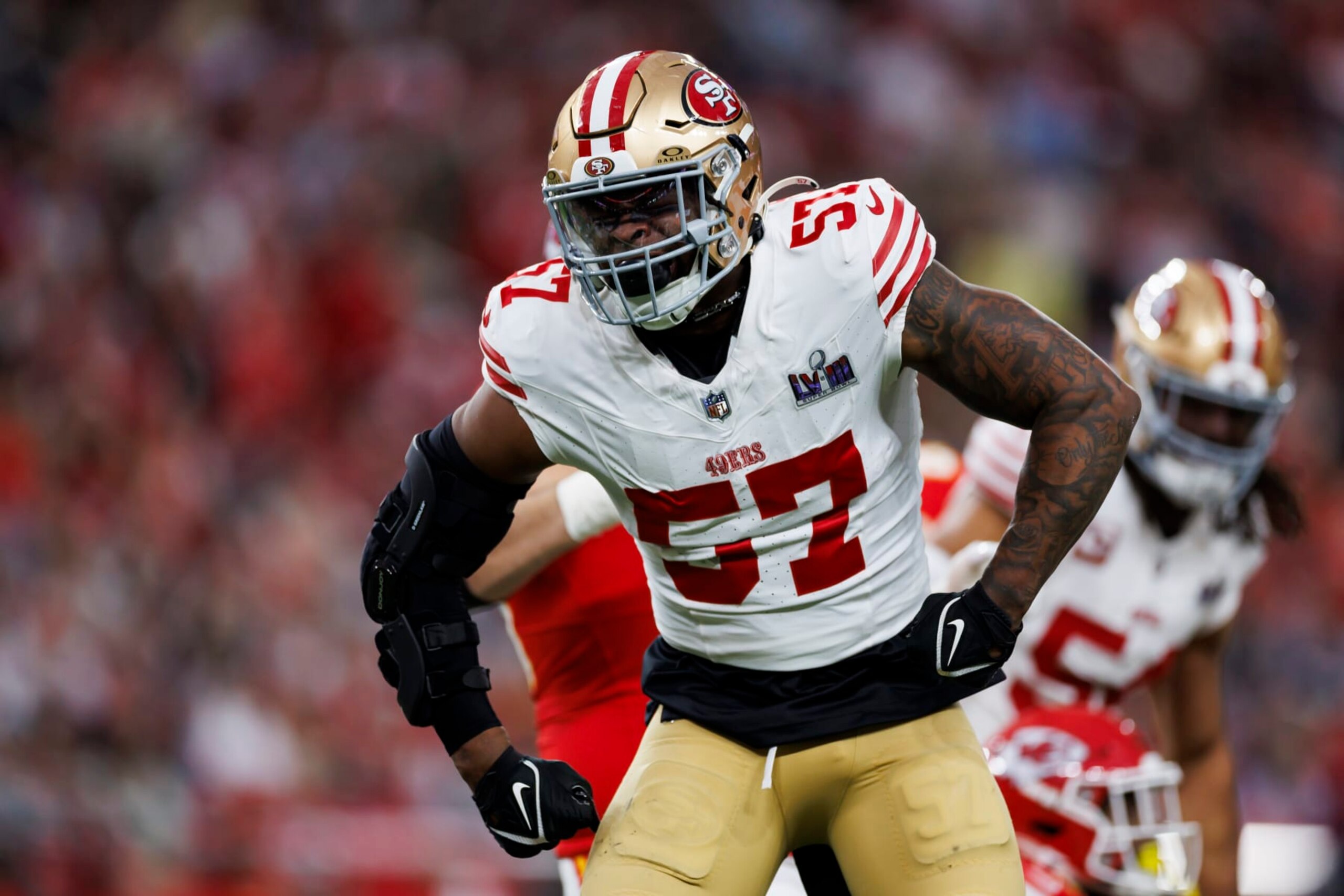 LAS VEGAS, NEVADA - FEBRUARY 11: Dre Greenlaw #57 of the San Francisco 49ers celebrates after a play during Super Bowl LVIII against the Kansas City Chiefs at Allegiant Stadium on February 11, 2024 in Las Vegas, Nevada. (Photo by Ryan Kang/Getty Images) LAS VEGAS, NEVADA - FEBRUARY 11: Dre Greenlaw #57 of the San Francisco 49ers celebrates after a play during Super Bowl LVIII against the Kansas City Chiefs at Allegiant Stadium on February 11, 2024 in Las Vegas, Nevada. (Photo by Ryan Kang/Getty Images)