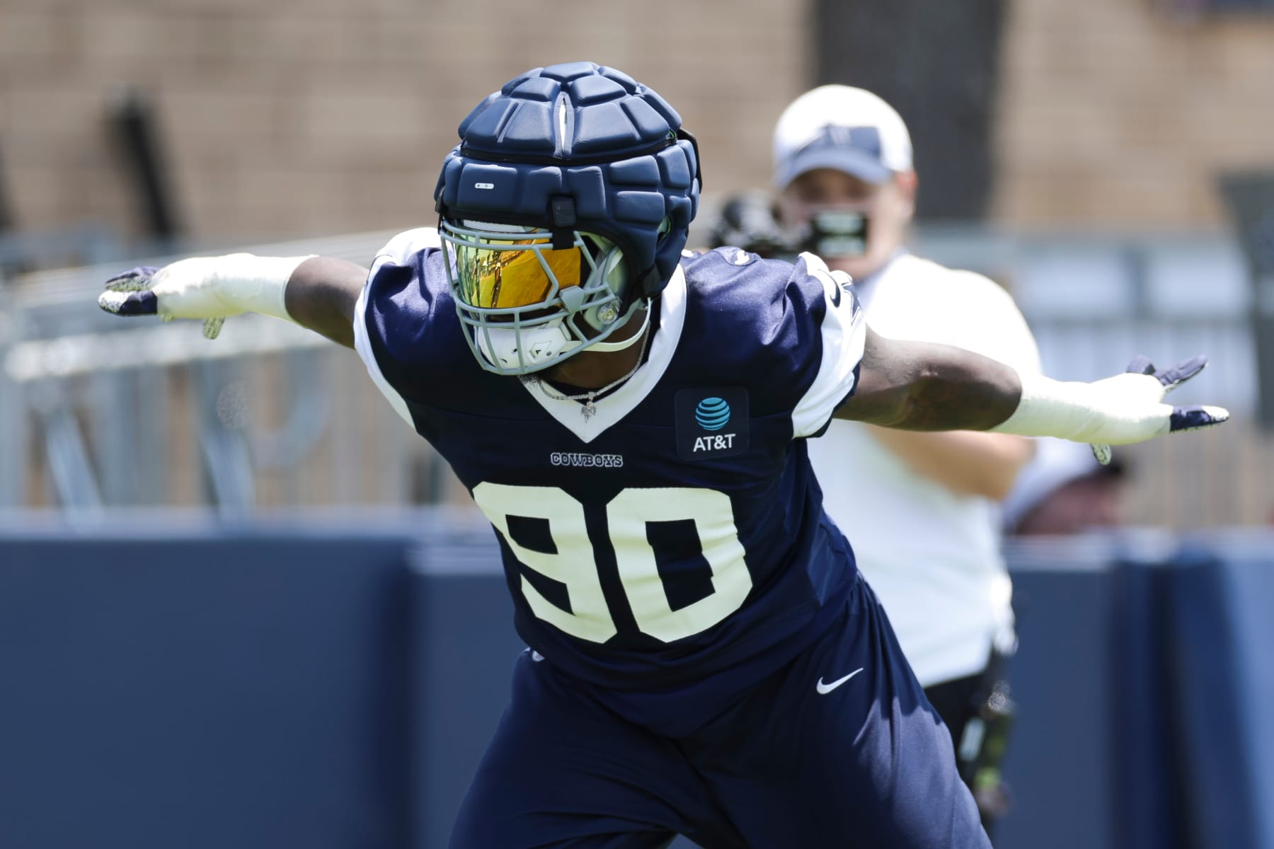 OXNARD, CA - JULY 25: Dallas Cowboys defensive end DeMarcus Lawrence (90) participates in a drill during the team's training camp at River Ridge Playing Fields on July 25, 2024 in Oxnard, CA. (Photo by Brandon Sloter/Icon Sportswire via Getty Images)