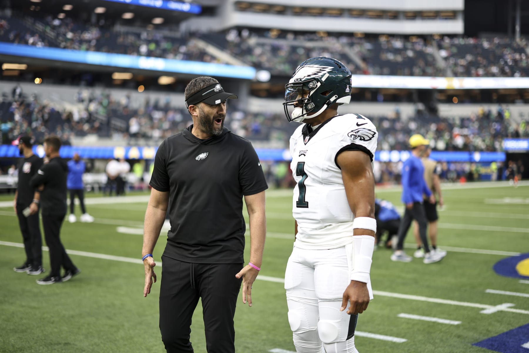 INGLEWOOD, CALIFORNIA - OCTOBER 08: Head coach Nick Sirianni of the Los Angeles Rams reacts with Jalen Hurts #1 of the Philadelphia Eagles prior to an NFL football game between the Los Angeles Rams and the Philadelphia Eagles at SoFi Stadium on October 08, 2023 in Inglewood, California. (Photo by Michael Owens/Getty Images)
