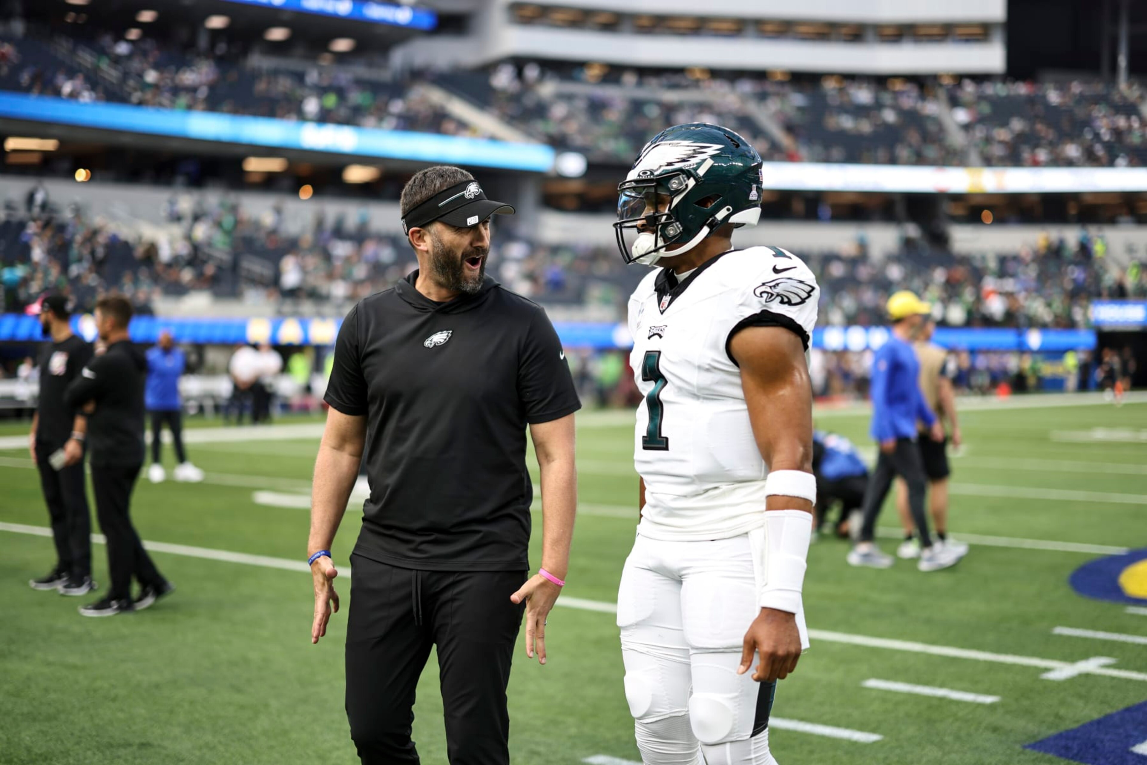 INGLEWOOD, CALIFORNIA - OCTOBER 08: Head coach Nick Sirianni of the Los Angeles Rams reacts with Jalen Hurts #1 of the Philadelphia Eagles prior to an NFL football game between the Los Angeles Rams and the Philadelphia Eagles at SoFi Stadium on October 08, 2023 in Inglewood, California. (Photo by Michael Owens/Getty Images)