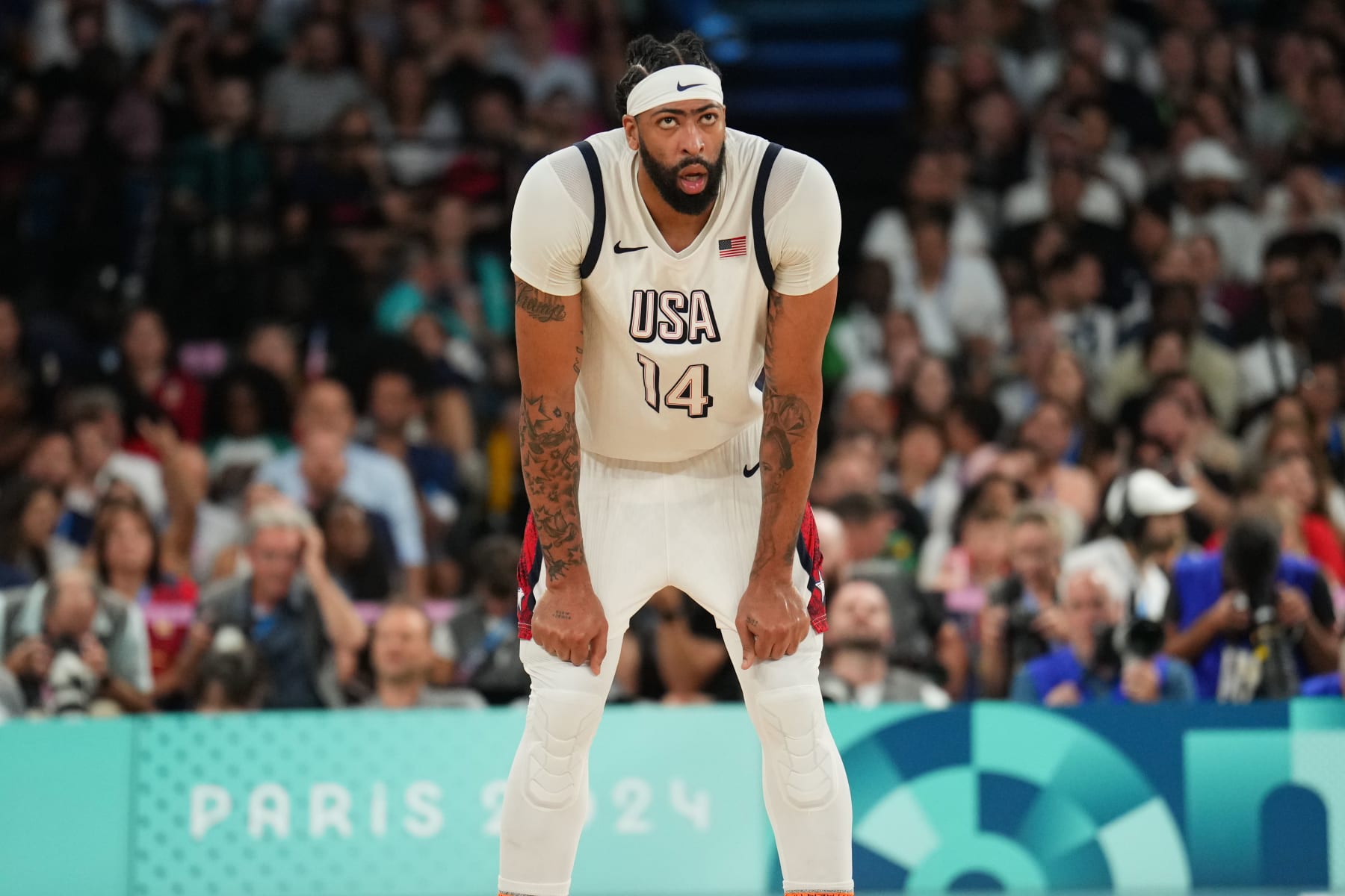 PARIS, FRANCE - AUGUST 8: Anthony Davis #14 of the USA Men's National Team looks on during the game during the Men's Semi-Finals on August 8, 2024 at the AccorHotels Arena in Paris, France. NOTE TO USER: User expressly acknowledges and agrees that, by downloading and/or using this photograph, user is consenting to the terms and conditions of the Getty Images License Agreement. Mandatory Copyright Notice: Copyright 2024 NBAE (Photo by Jesse D. Garrabrant/NBAE via Getty Images)