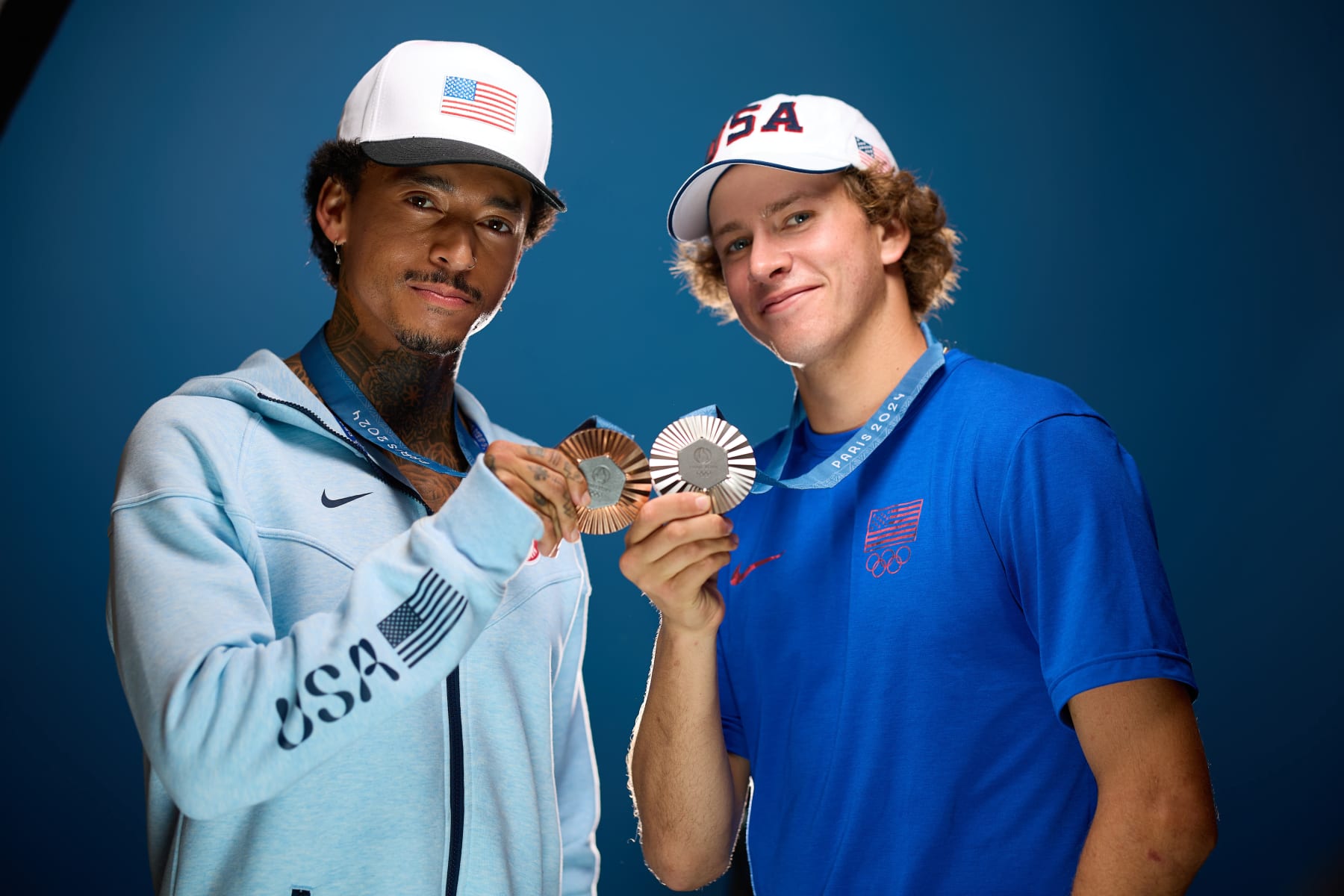 PARIS, FRANCE - JULY 30 U.S. Olympian Nyjah Huston and Jagger Eaton pose for a photo at the USA House at Paris 2024 on July 30, 2024 in Paris, France. (Photo by Joe Scarnici/Getty Images for USOPC)