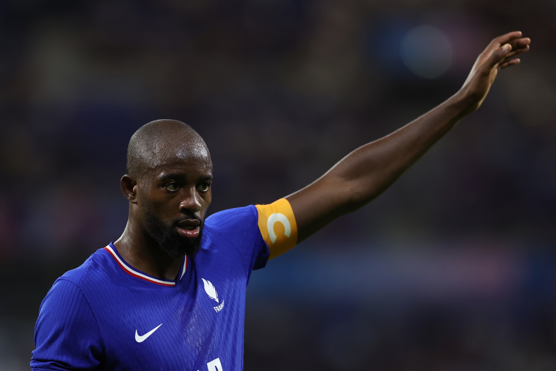 LYON, FRANCE - AUGUST 05: Jean-Philippe Mateta #14 of Team France reacts during the Men's semifinal match between France and Egypt during the Olympic Games Paris 2024 at Stade de Lyon on August 05, 2024 in Lyon, France. (Photo by Claudio Villa/Getty Images)