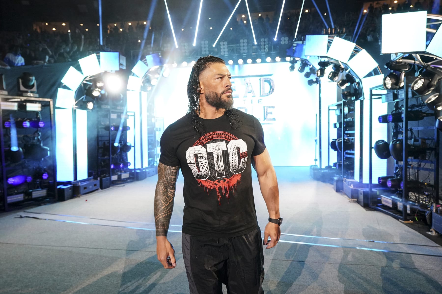 CLEVELAND, OHIO - AUGUST 03: Roman Reigns returns during SummerSlam at Cleveland Browns Stadium on August 3, 2024 in Cleveland, Ohio. (Photo by WWE/Getty Images)