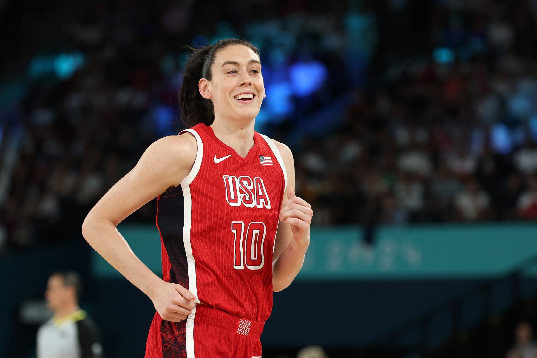 PARIS, FRANCE - AUGUST 07: Breanna Stewart #10 of Team United States reacts during a Women's basketball quarterfinal game between Team United States and Team Nigeria on day twelve of the Olympic Games Paris 2024 at Bercy Arena on August 07, 2024 in Paris, France. (Photo by Gregory Shamus/Getty Images)