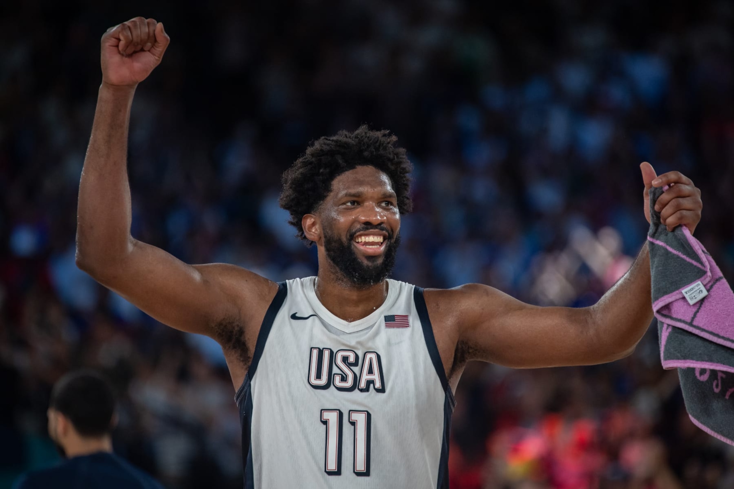 PARIS, FRANCE - AUGUST 8: Joel Embiid #11 of United States celebrates their victory during a Men's basketball semifinals match between Team United States and Team Serbia on day thirteen of the Olympic Games Paris 2024 at Bercy Arena on August 08, 2024 in Paris, France. (Photo by RvS.Media/Monika Majer/Getty Images) PARIS, FRANCE - AUGUST 8: Joel Embiid #11 of United States celebrates their victory during a Men's basketball semifinals match between Team United States and Team Serbia on day thirteen of the Olympic Games Paris 2024 at Bercy Arena on August 08, 2024 in Paris, France. (Photo by RvS.Media/Monika Majer/Getty Images)