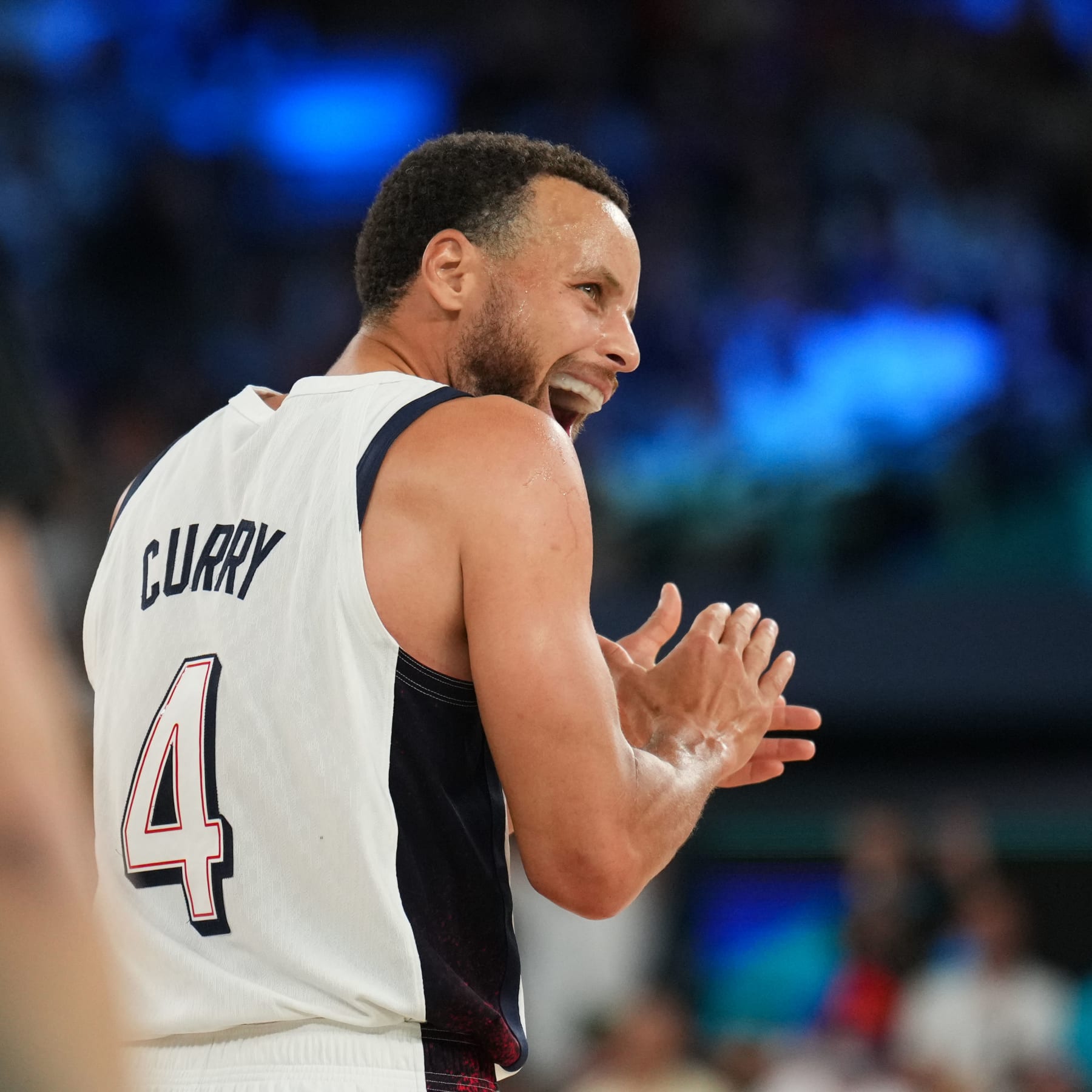 PARIS, FRANCE - AUGUST 8:  Stephen Curry #4 of the USA Men's National Team celebrates during the game during the Men's Semi-Finals on August 8, 2024 at the AccorHotels Arena in Paris, France. NOTE TO USER: User expressly acknowledges and agrees that, by downloading and/or using this photograph, user is consenting to the terms and conditions of the Getty Images License Agreement. Mandatory Copyright Notice: Copyright 2024 NBAE (Photo by Jesse D. Garrabrant/NBAE via Getty Images)