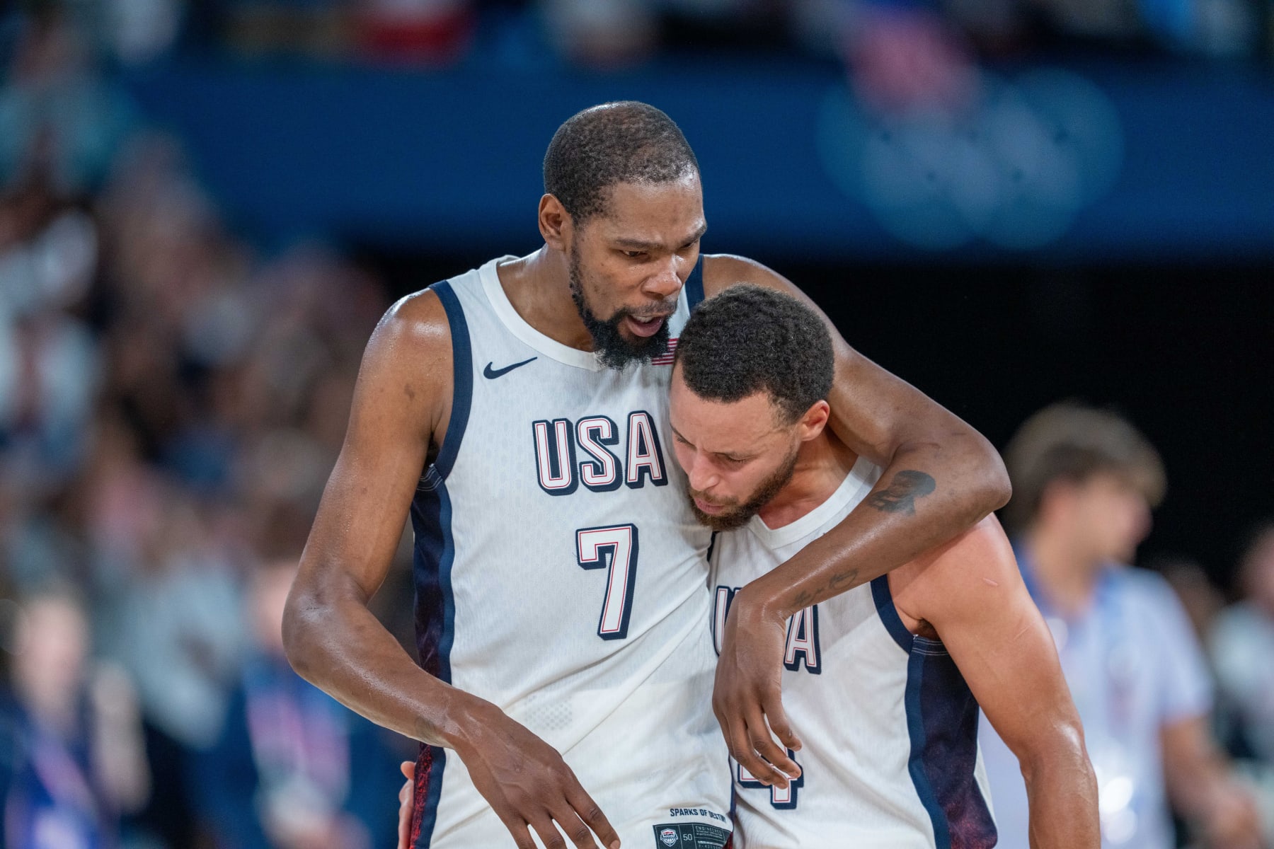 PARIS, FRANCE - AUGUST 08: Stephen Curry (4) and Kevin Durant (7) of US during the Men's basketball semifinals match between United States and Serbia on day thirteen of the Olympic Games Paris 2024 at Bercy Arena on August 08, 2024 in Paris, France. (Photo by Aytac Unal/Anadolu via Getty Images)