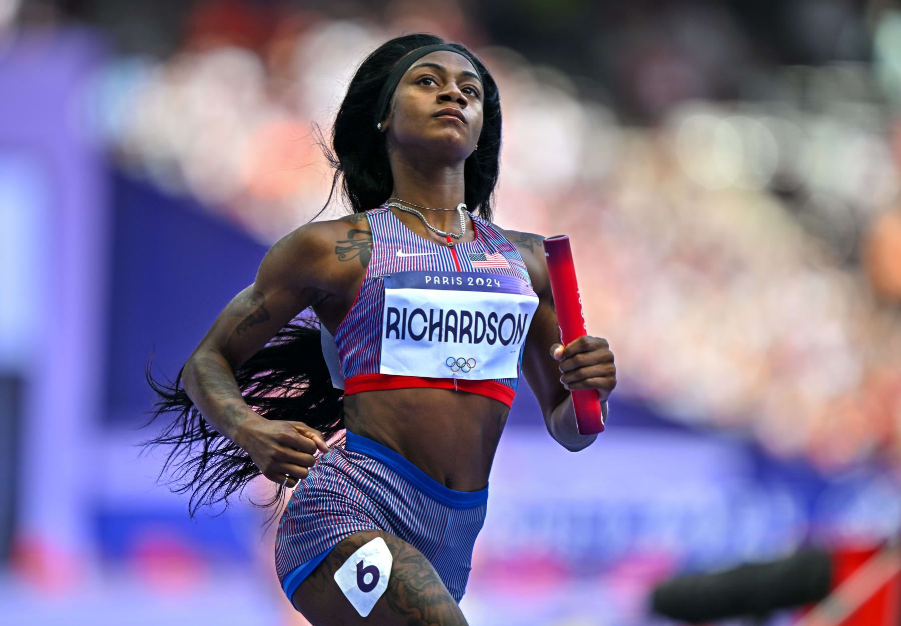 Paris , France - 8 August 2024; Sha'carri Richardson of Team United States after the women's 4 x 100m relay heats at the Stade de France during the 2024 Paris Summer Olympic Games in Paris, France. (Photo By Sam Barnes/Sportsfile via Getty Images)