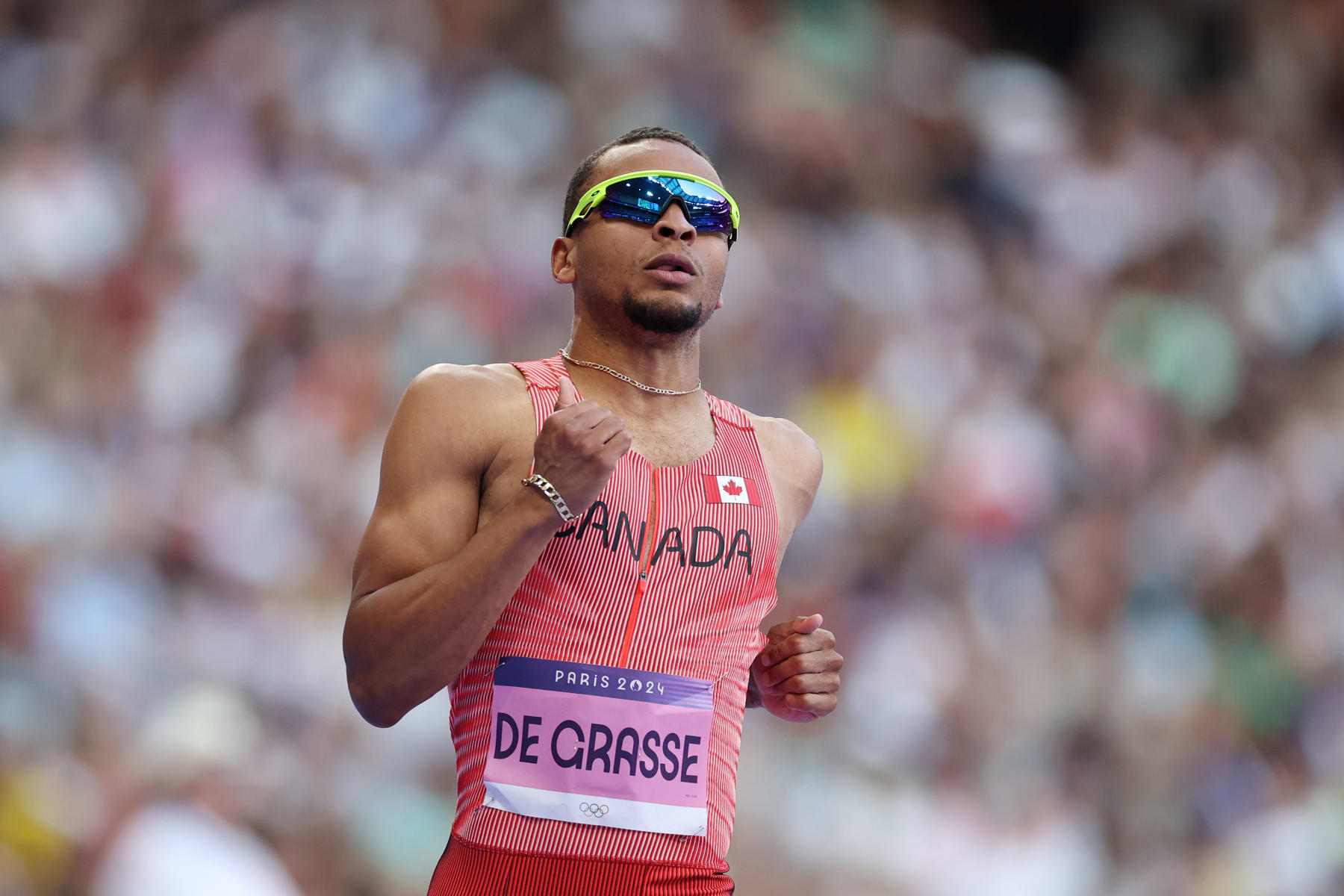 PARIS, FRANCE - AUGUST 05: Andre de Grasse of Team Canada reacts during the during the Men's 200m Round 1 on day ten of the Olympic Games Paris 2024 at Stade de France on August 05, 2024 in Paris, France. (Photo by Cameron Spencer/Getty Images)