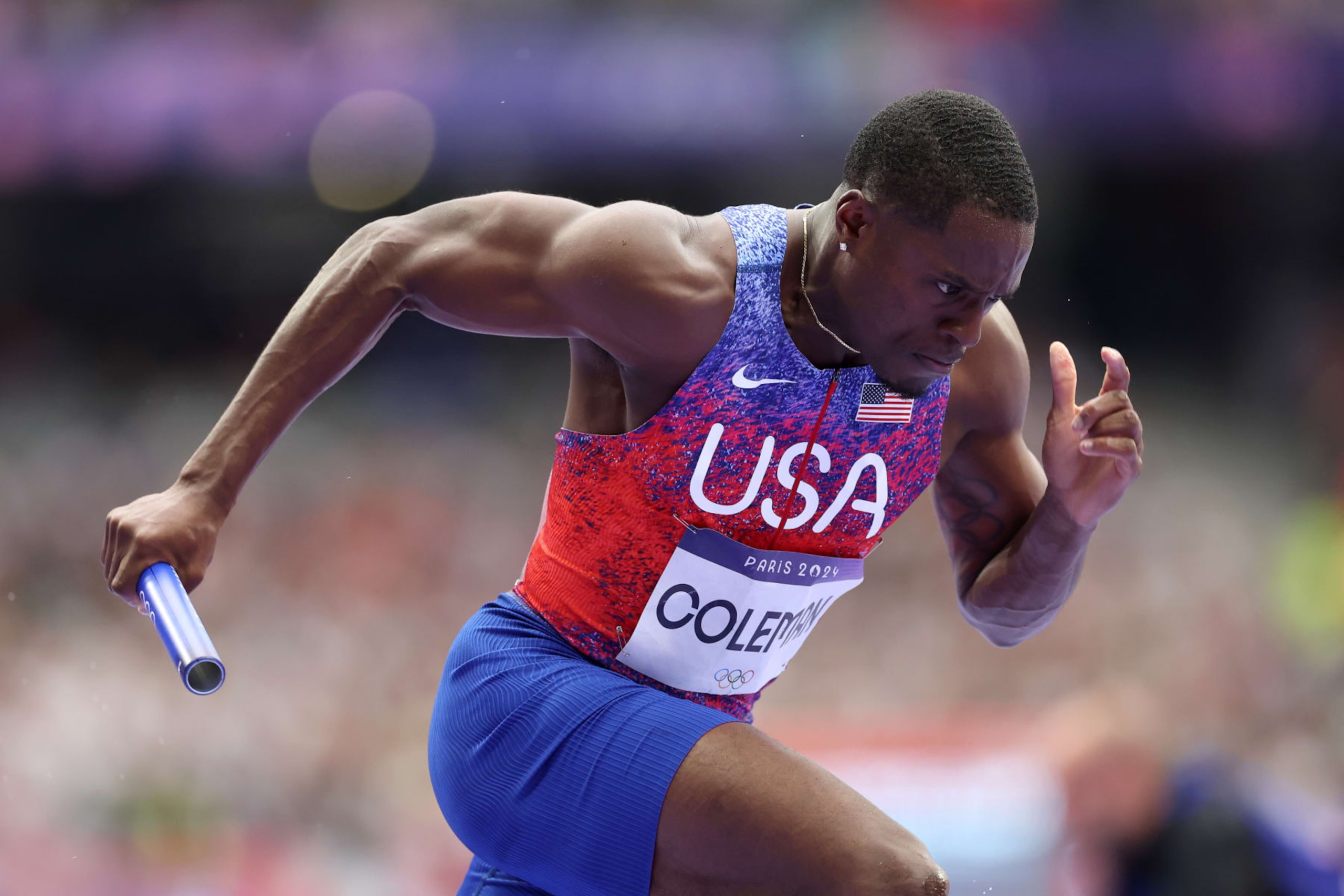 PARIS, FRANCE - AUGUST 09: Christian Coleman of Team United States competes in the Men's 4x100m Relay Final on day fourteen of the Olympic Games Paris 2024 at Stade de France on August 09, 2024 in Paris, France. (Photo by Christian Petersen/Getty Images)