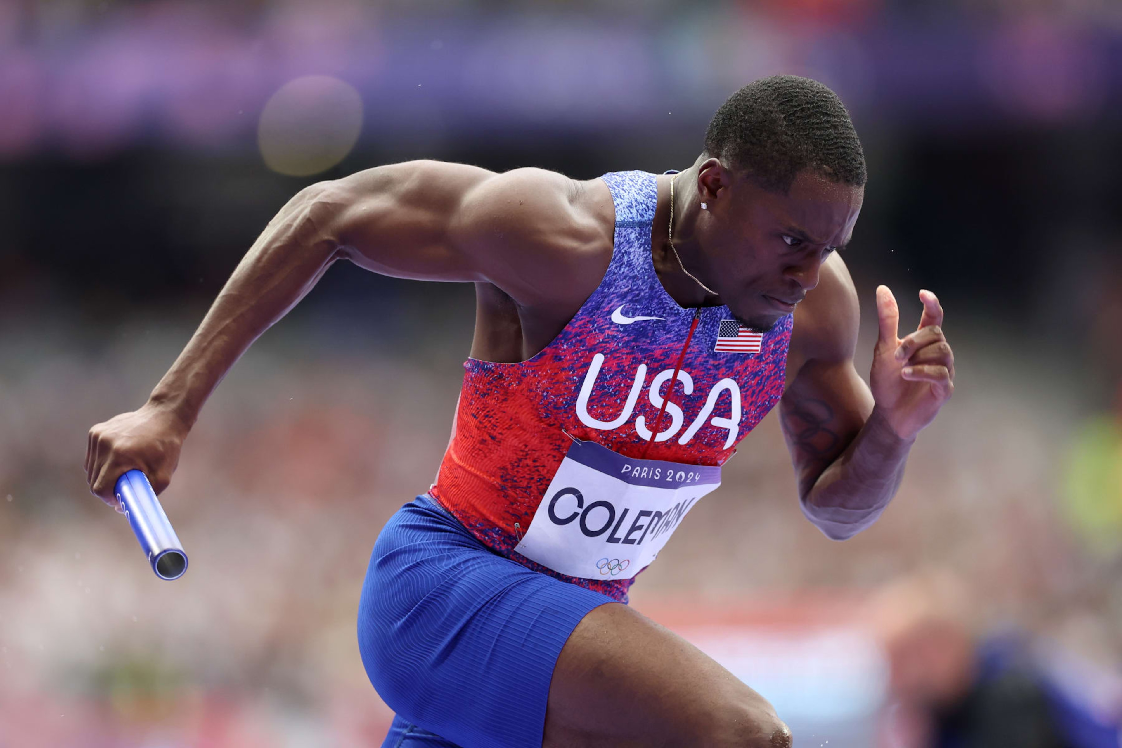 PARIS, FRANCE - AUGUST 09: Christian Coleman of Team United States competes in the Men's 4x100m Relay Final on day fourteen of the Olympic Games Paris 2024 at Stade de France on August 09, 2024 in Paris, France. (Photo by Christian Petersen/Getty Images)