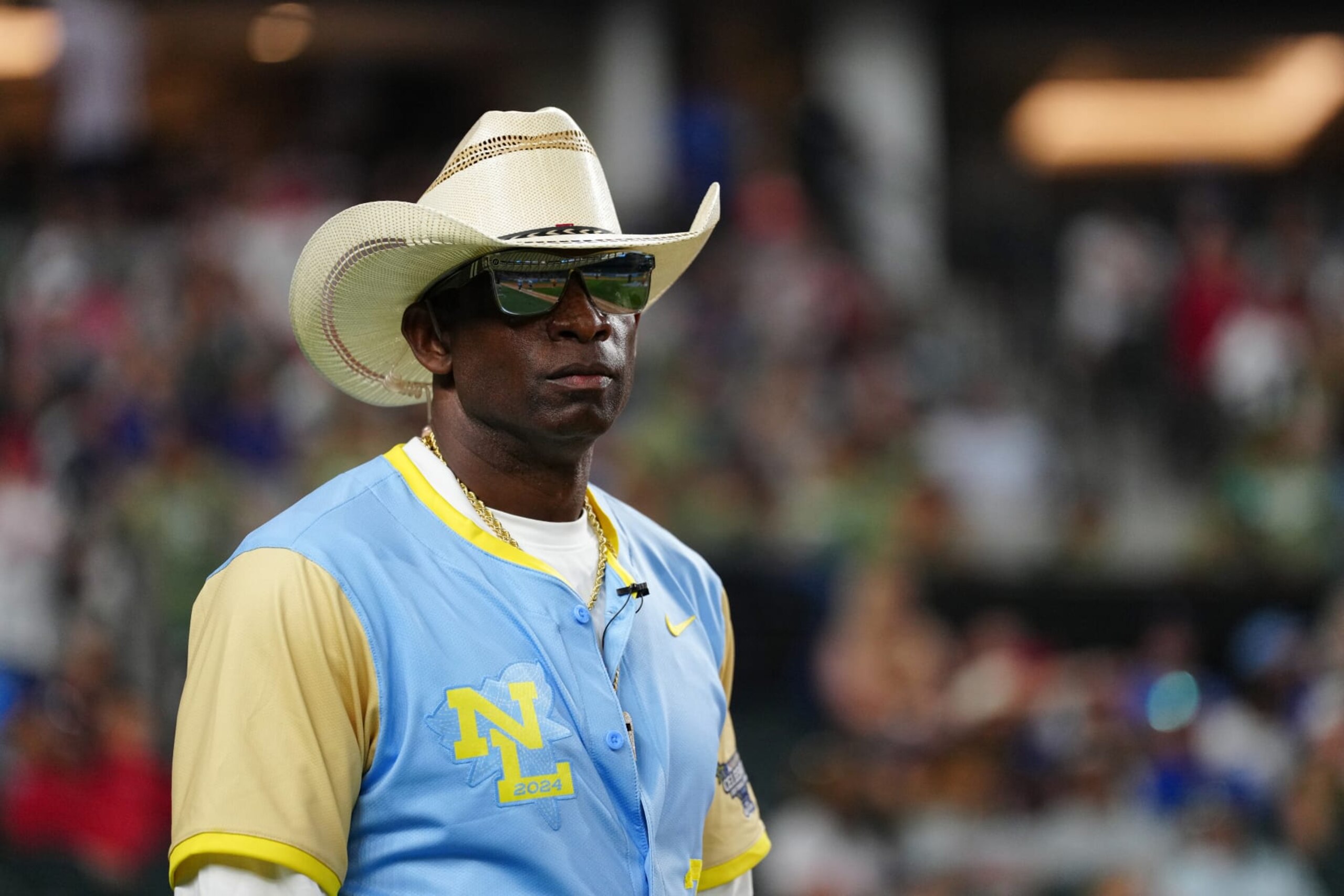ARLINGTON, TX - JULY 13: Coach Deion Sanders looks on during the 2024 MLB All-Star Celebrity Softball Game presented by Corona at Globe Life Field on Saturday, July 13, 2024 in Arlington, Texas. (Photo by Daniel Shirey/MLB Photos via Getty Images)